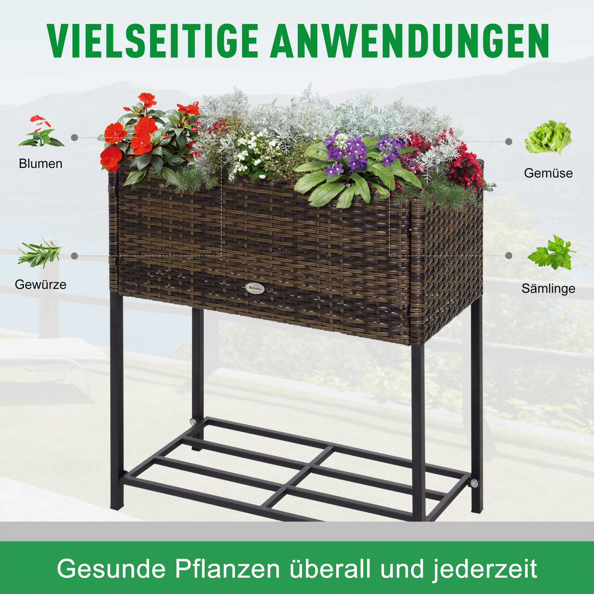 Hochbeet, Blumenkasten, tiefe Ablage, Metallrahmen/Polyrattan, 70 x 30 x 70 cm, Braun/Schwarz
