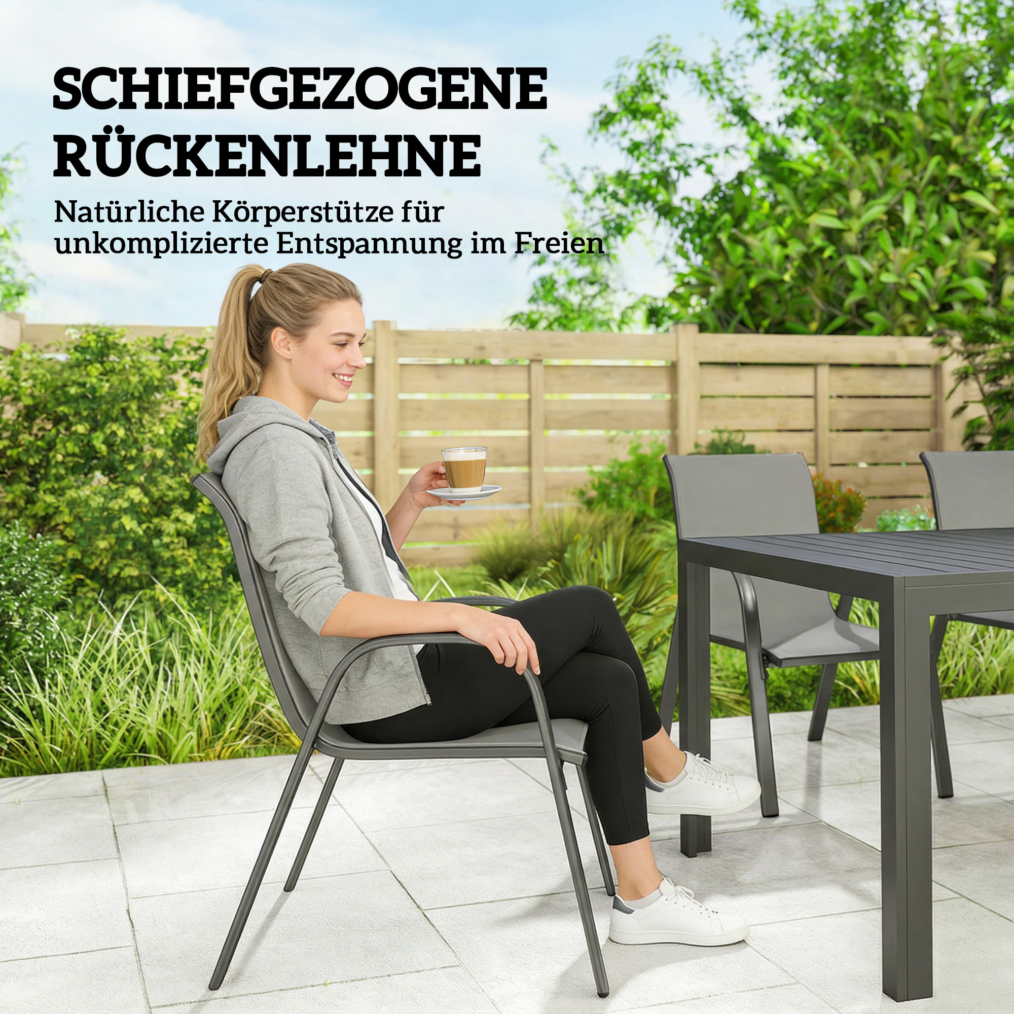 Gartenmöbel Set Sitzgruppe 7-teilig Tisch mit 6 Atmungsaktiven Stapelstühlen Lamelldesign Hellgrau