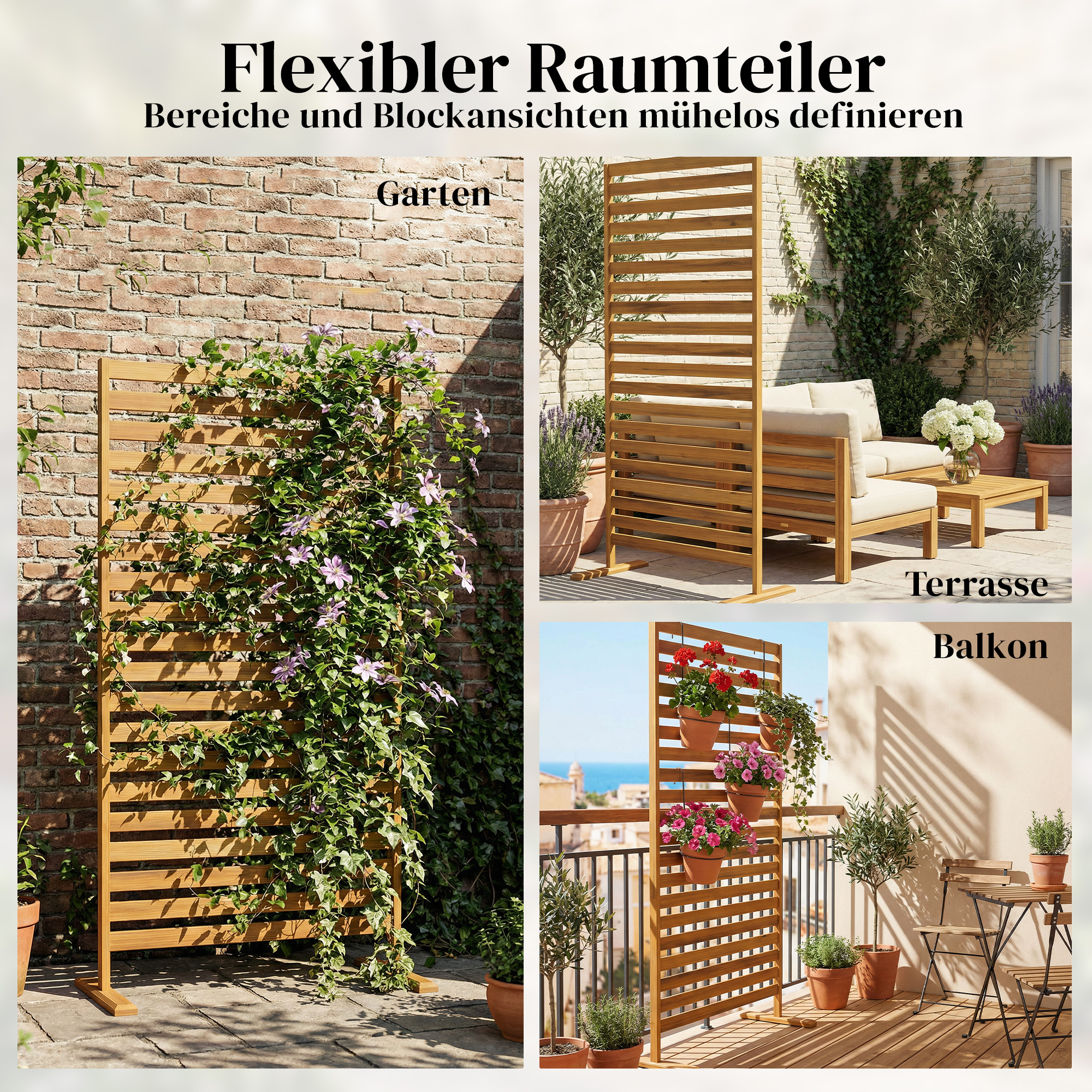 Sichtschutz aus Holz 80 x 170 cm Raumteiler mit Standfuß Lamellen, freistehender Raumtrenner Braun