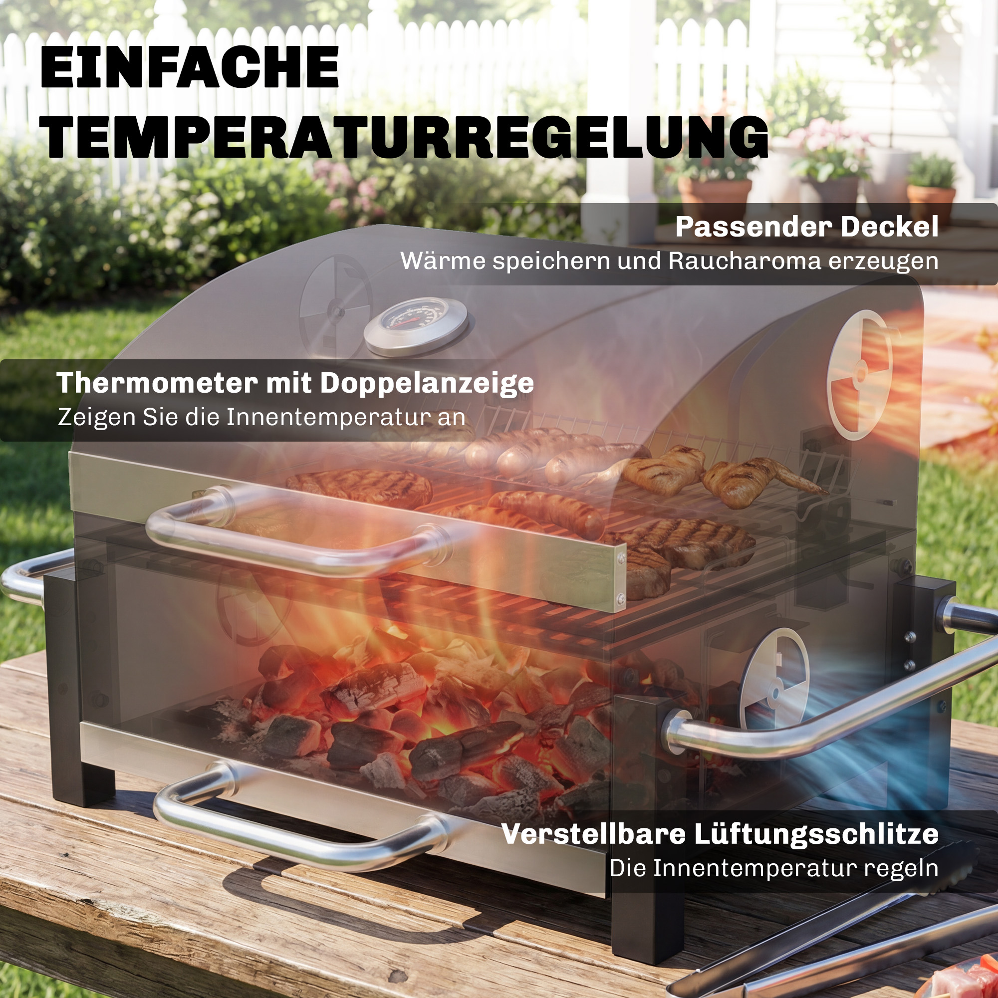 Holzkohlegrill aus Stahl tragbarer BBQ Smoker mit Deckel verstellbare Lüftung zweistufige Kohlepfanne Thermometer