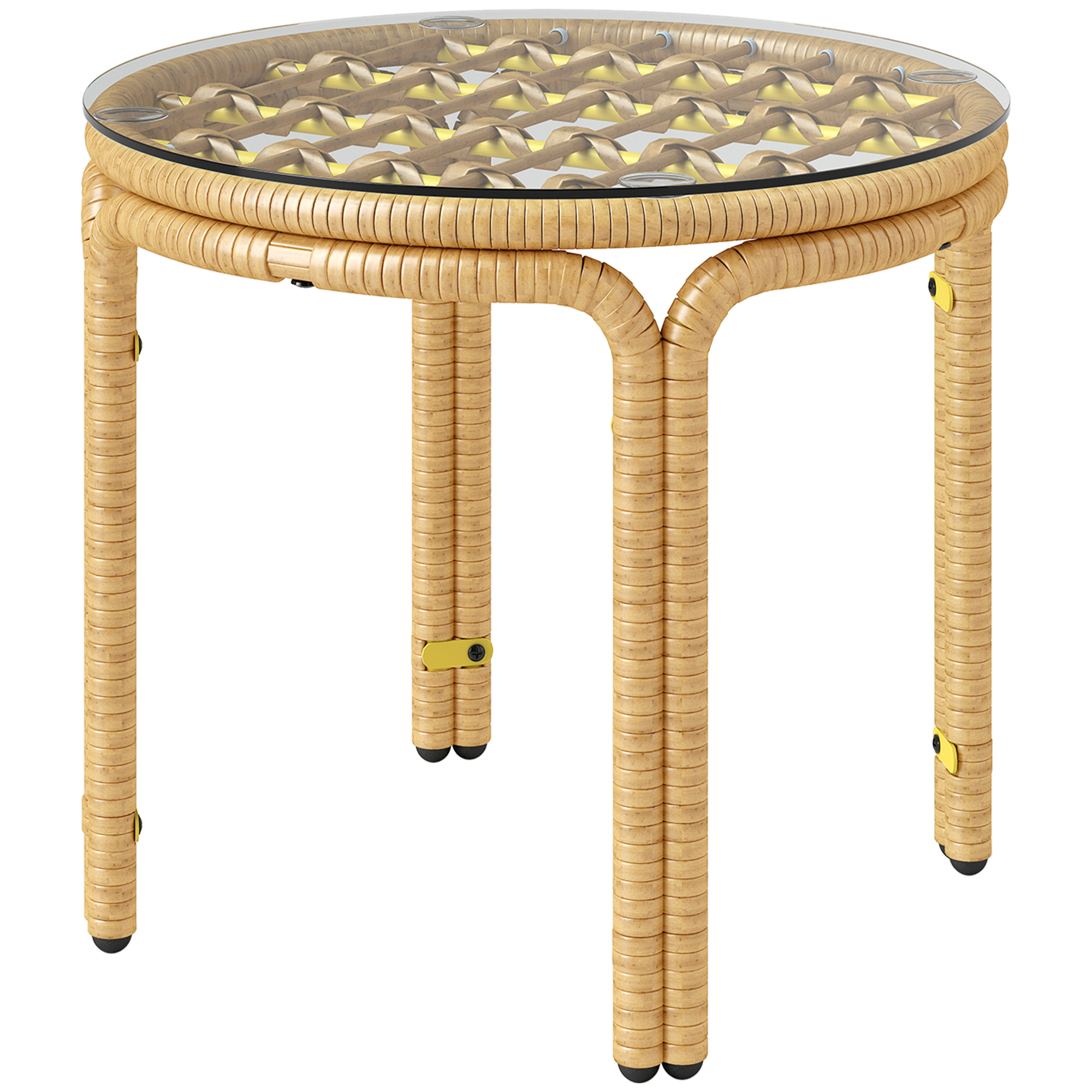 Beistelltisch aus Polyrattan runder Couchtisch mit Glas Tischplatte Nachttisch Ø50 cm Gelb