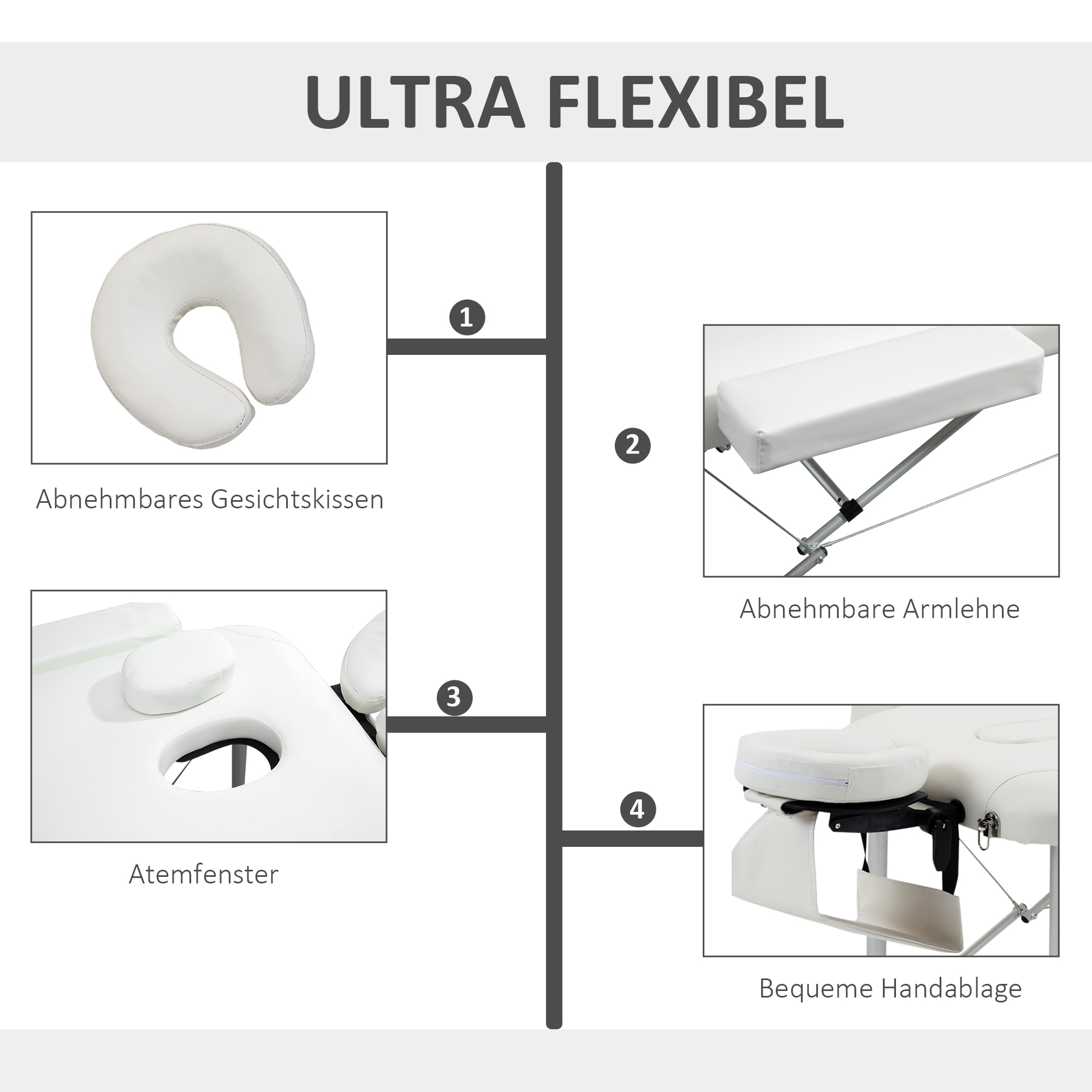 Mobile Massageliege 3 Zonen Klappbar Massagetisch mit Kopfstütze Armlehne Tragetasche höhenverstellbare Aluminium Massagebett tragbar inkl, Zubehör Massagebank bis 225 kg Belast Weiß