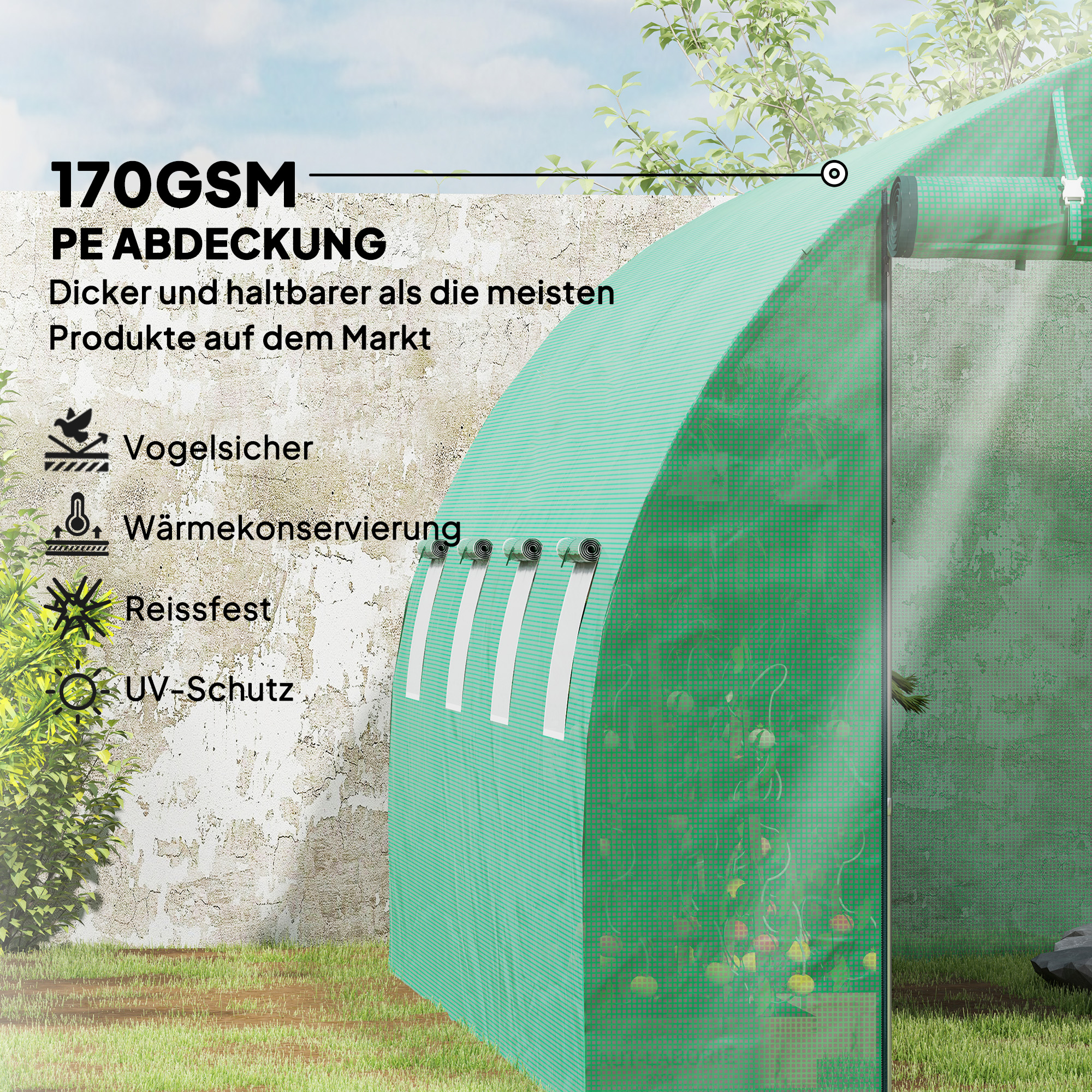 Polytunnel Gewächshaus mit Kunststoff-Abdeckung und Stahlrahmen, begehbares Gewächshauszelt mit Rolltüren, Grün