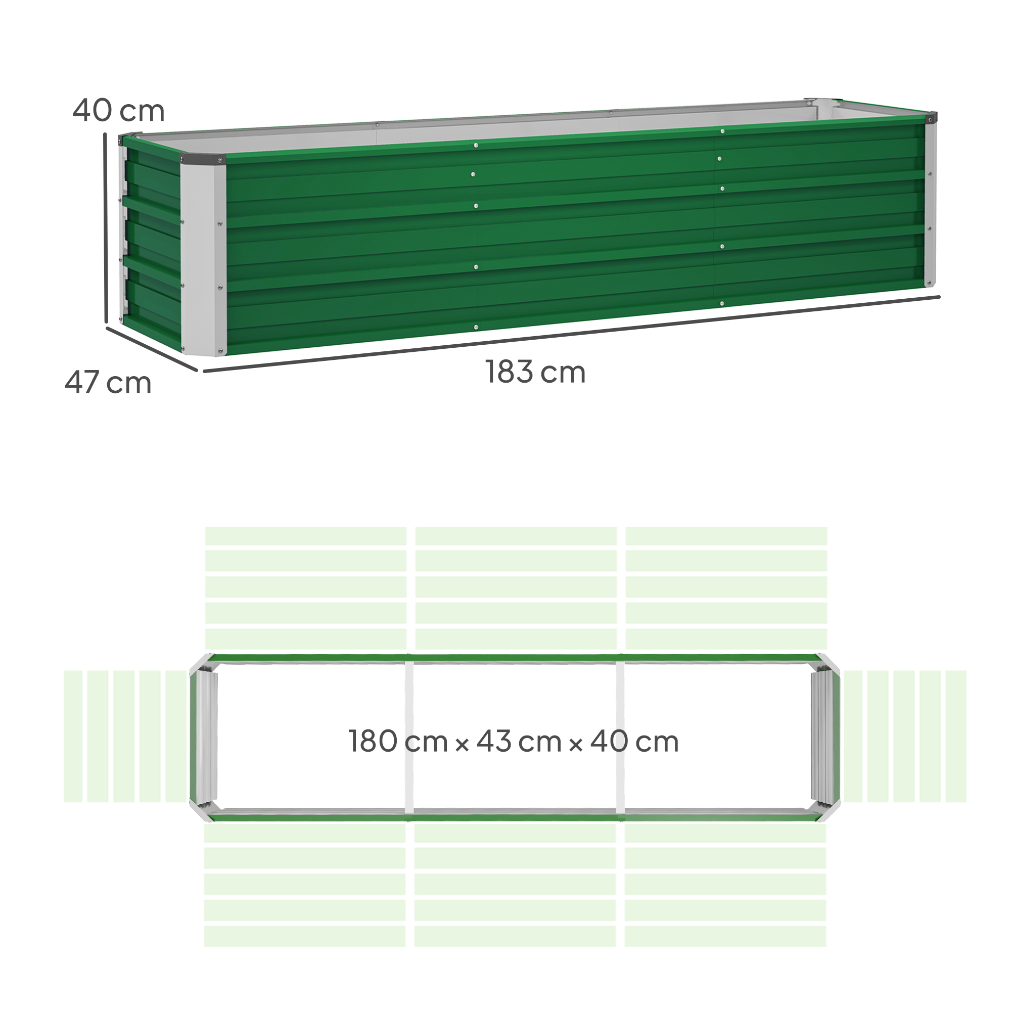 Stahl-Hochbeet, 3 separate Pflanzbereiche, offener Boden, einfacher Aufbau, 183 x 47 x 40cm, Grün
