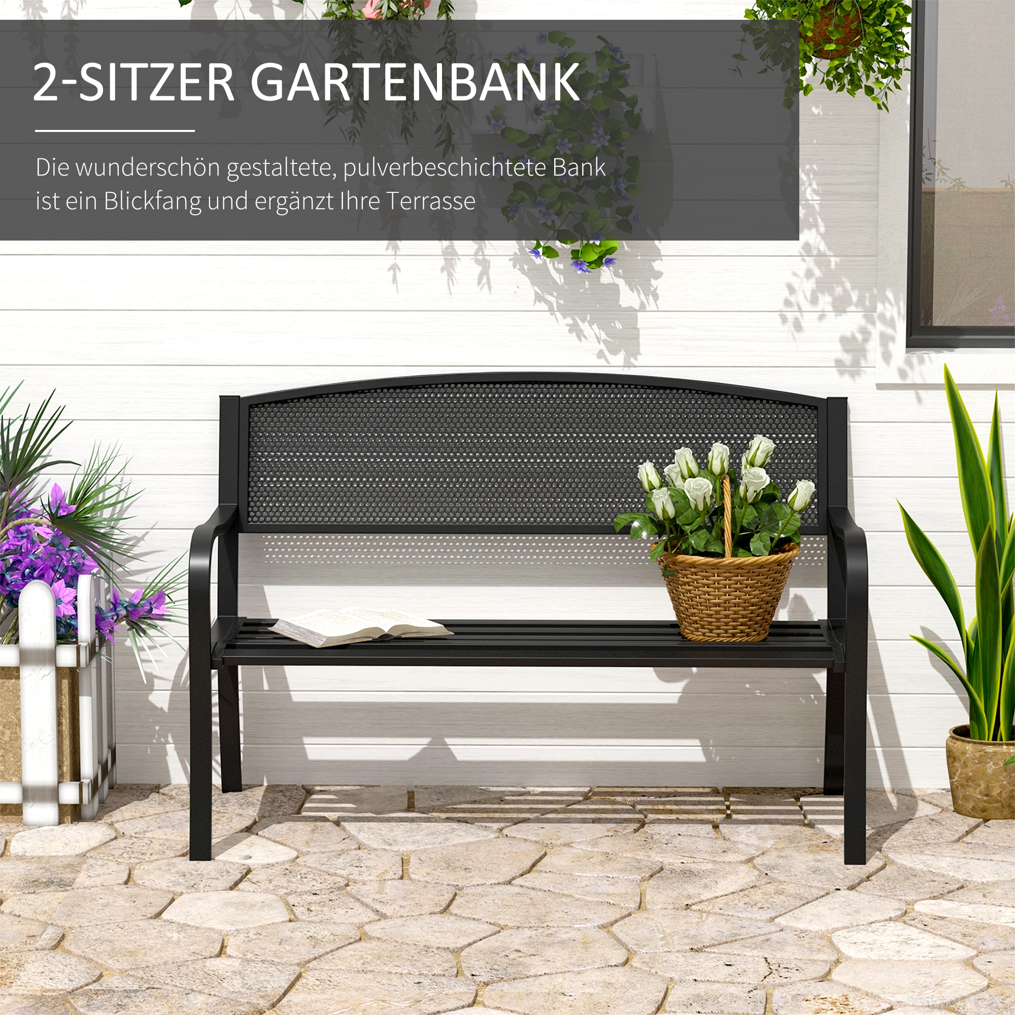 Gartenbank Sitzbank Parkbank 2-Sitzer Garten Stahl Schwarz B127 x T60 x H87cm