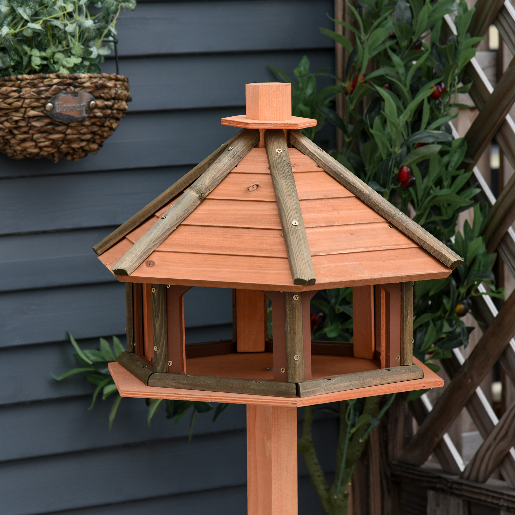 Vogelhaus mit Ständer wetterfestes Vogelfutterhaus mit wetterfestem Dach Futterhaus aus Holz für Wildvögel Ø52 x 130H cm Natur