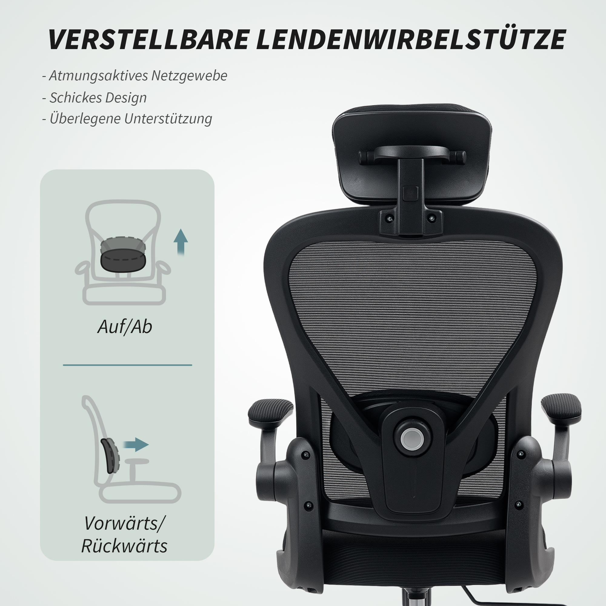 Bürostuhl Ergonomischer Schreibtischstuhl mit Hochklappbaren Armlehnen, Verstellbarer Lendenwirbelstütze Schwarz