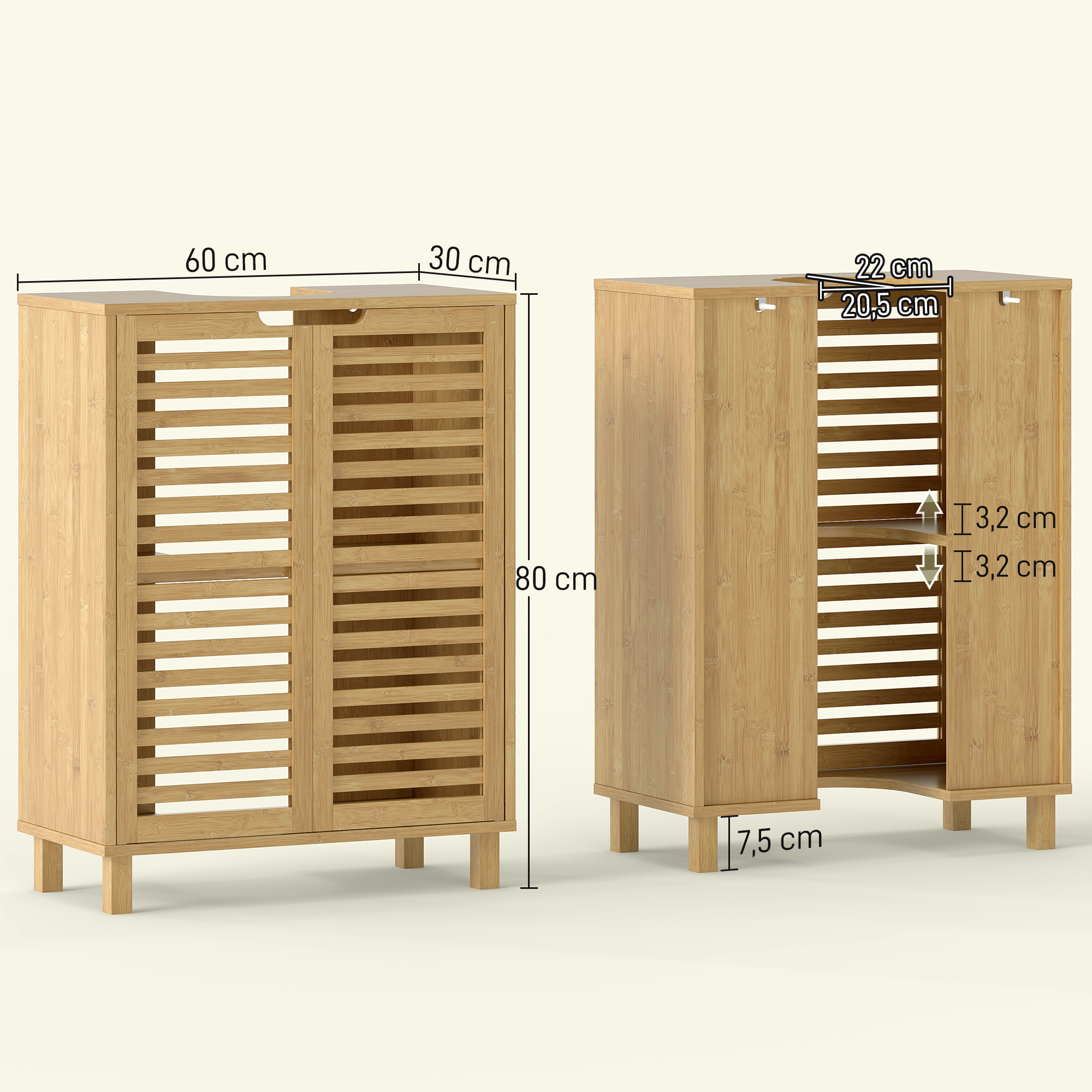 Waschbecken-Unterschrank für Badezimmer, Badschrank mit Lamellentüren, Bambusholz, verstellbare Regale, Natur