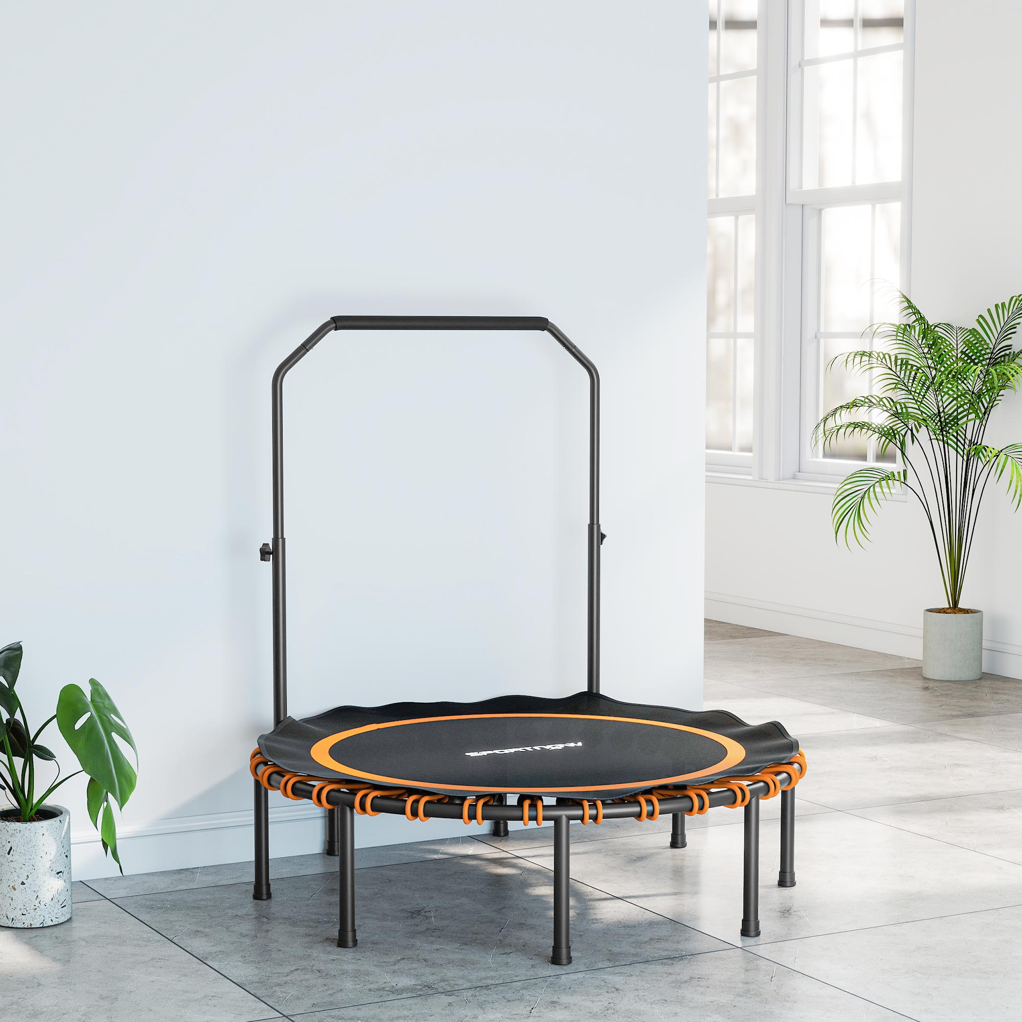 Fitness-Trampolin mit verstellbarem Handlauf, Sport-Trampolin für drinnen und draußen, Stahl, Kunststoff, Orange