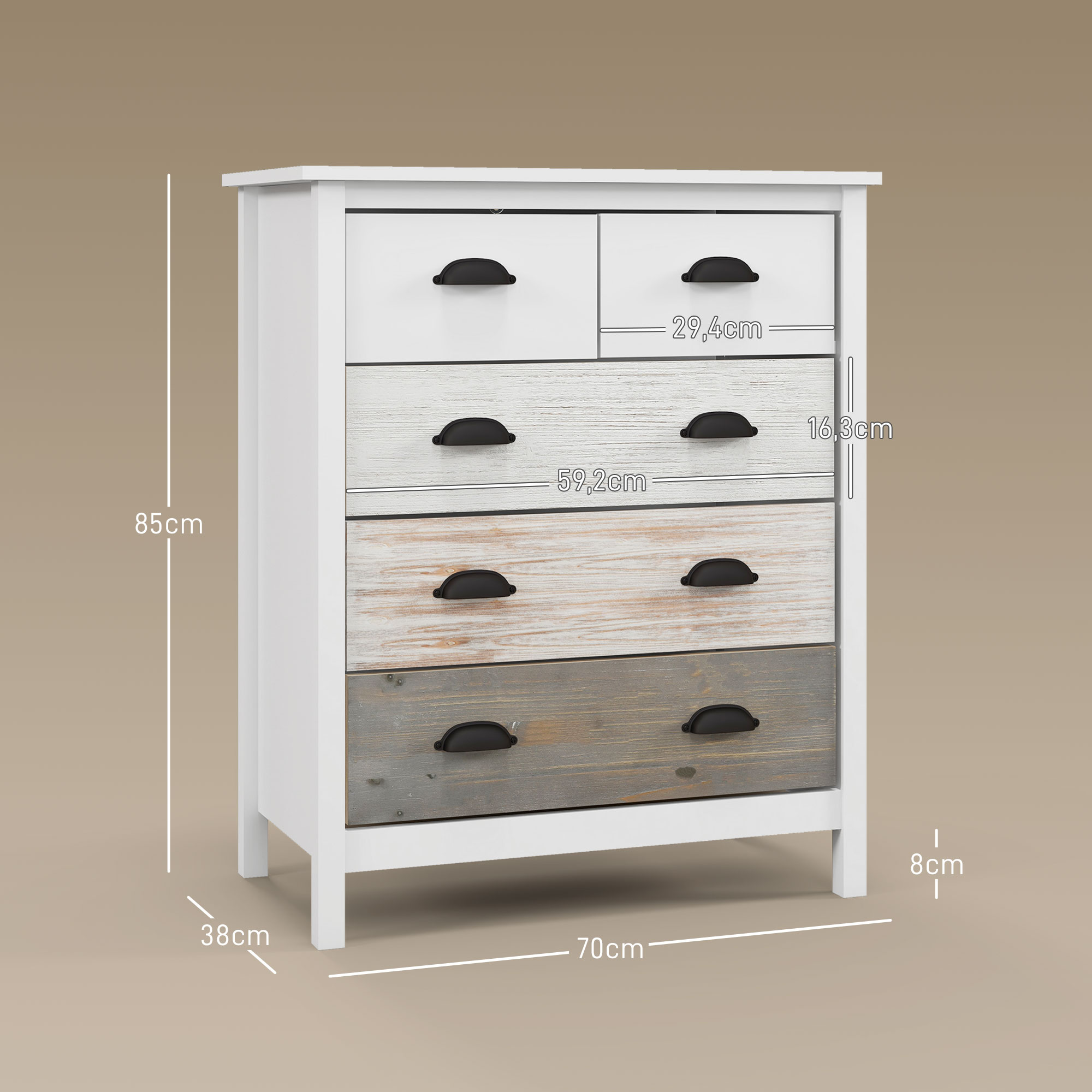 Sideboard, Kommode, 5 Schubladen, lackierte Oberfläche, MDF & Kiefernholz, 70 x 38 x 85 cm, Weiß