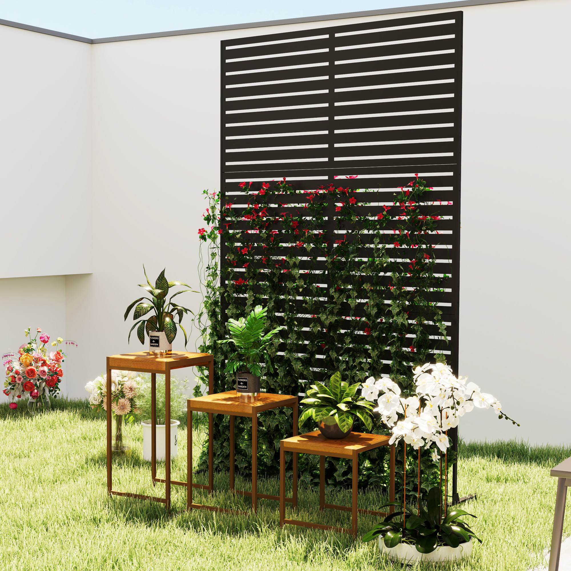 Outdoor-Raumtrenner aus Metall, Lamellendesign, Dekorativer Raumteiler für Terrasse, Garten, Balkon, Schwarz