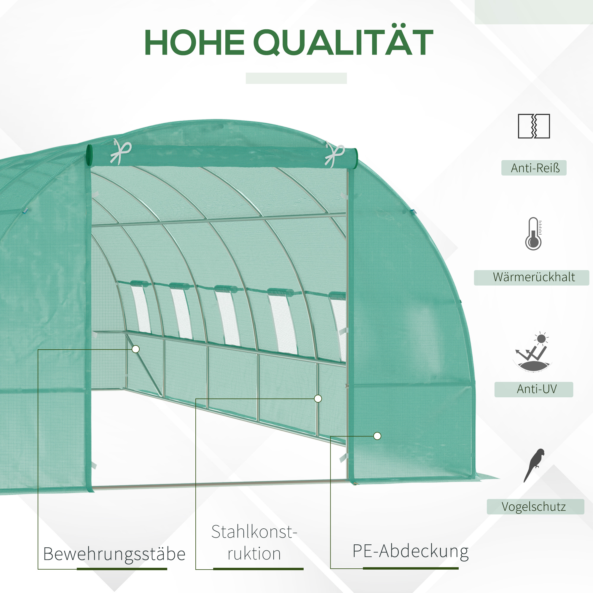 Gewächshaus 800x300x200cm Foliengewächshaus Tomatenhaus mit Tür, 12 Fenster, Folientunnel aus verzinktem Stahl, PE, stabiles Treibhaus Pflanztunnel, inkl, Erdanker & Seilen, Grün