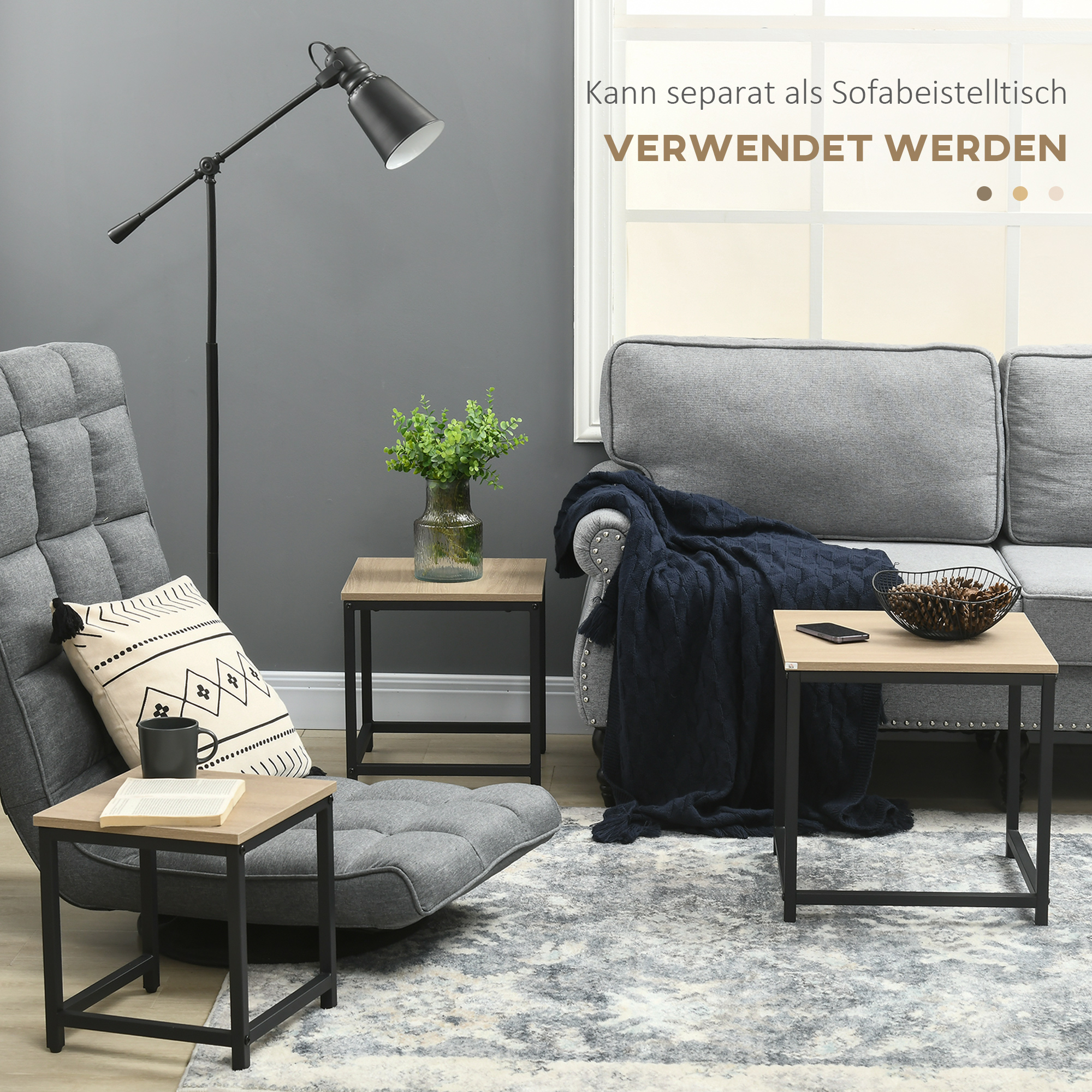 Satztisch-Set aus 3 Beistelltischen, Industrial Design, schwarzer Stahlrahmen, Tischplatte in Holzoptik