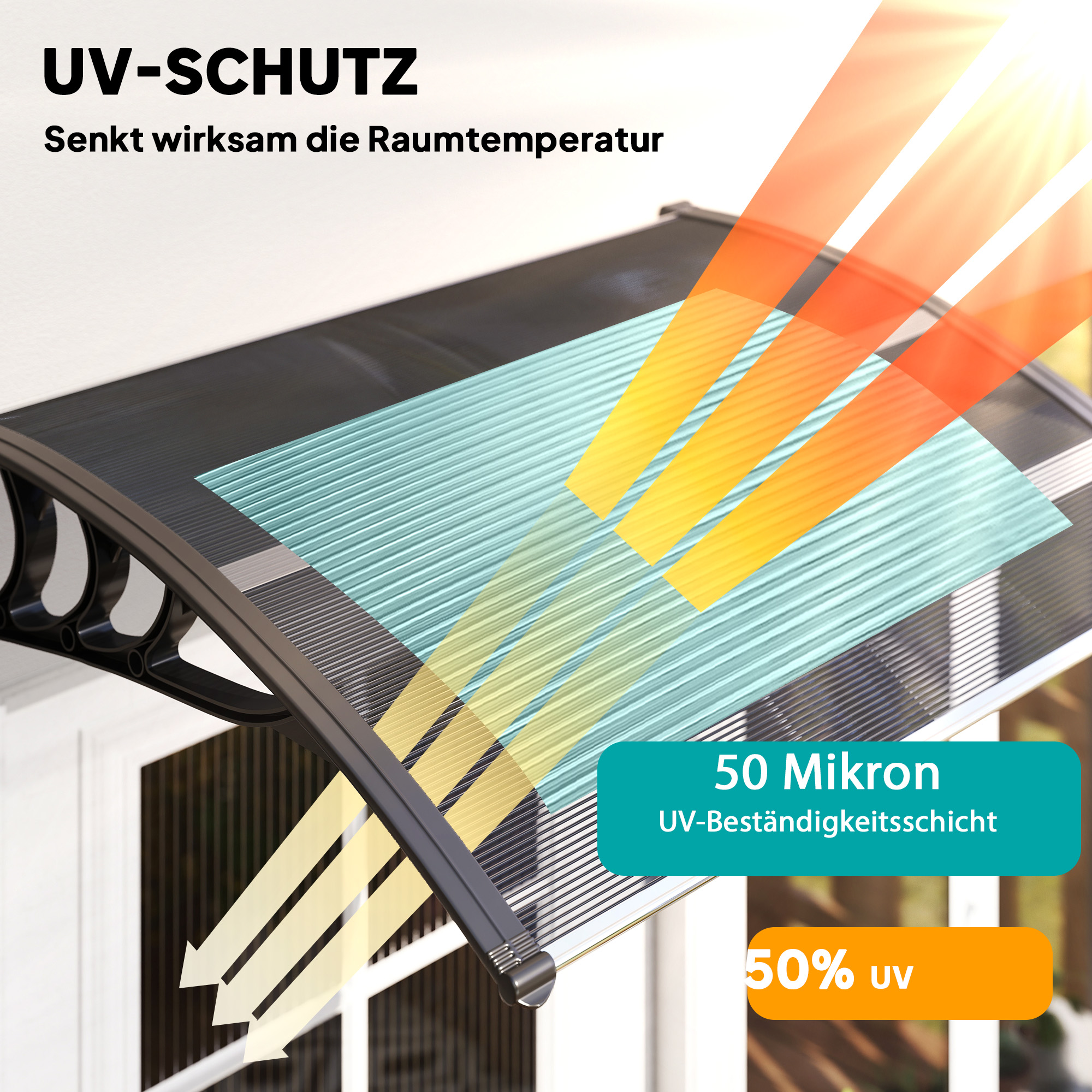 Vordach, Haustürvordach, Überdachung für Eingänge und Fenster, 100L x 75B x 23H cm, Schwarz