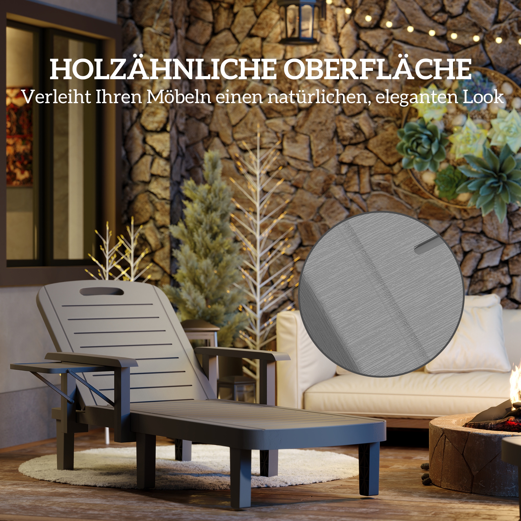 Sonnenliege Gartenliege mit Seitentisch Holzoptik Liegestuhl mit 5-Fach verstellbare Rückenlehne Dunkelgrau
