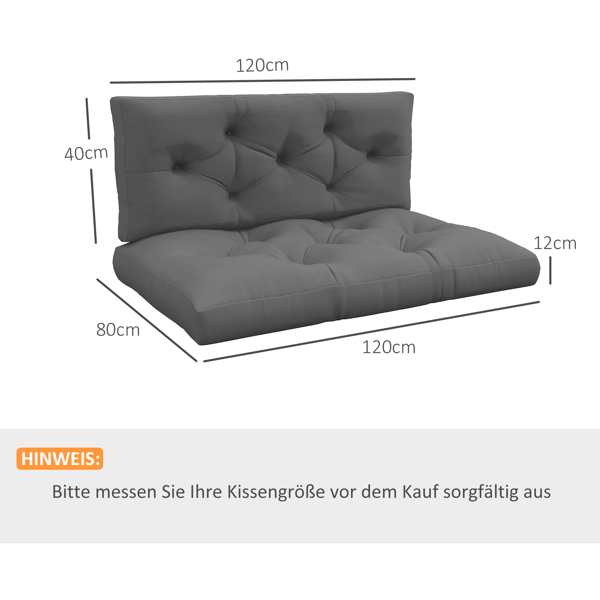 Sitzpolster Sitzkissen Polsterauflage, mit Knopfheftung, 120 x 80 x 12 cm, Grau
