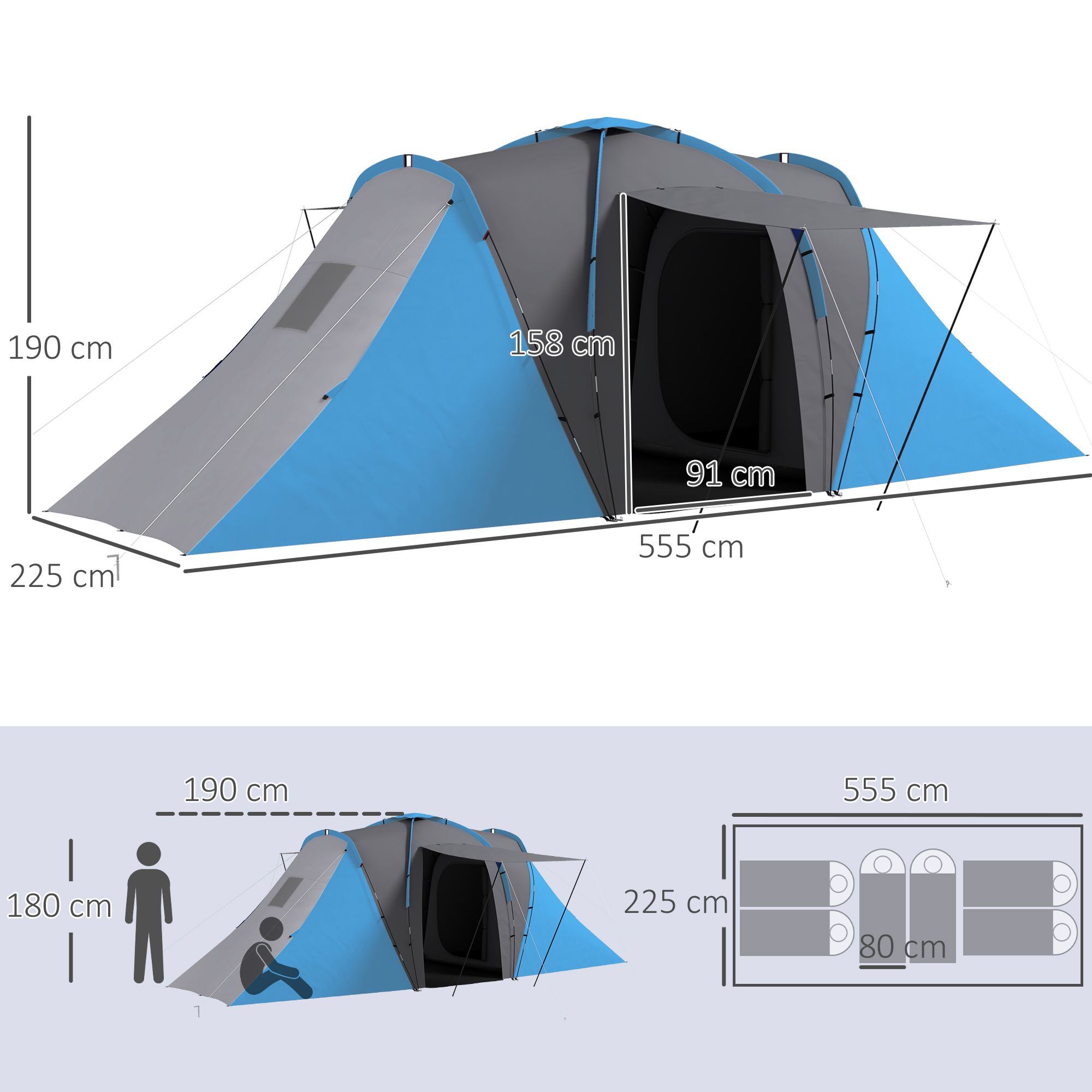 Tunnelzelt, 2000mm Wasserabweisend Campingzelt für 4-6 Personen, mit 2 Schlafzimmern Wohnbereich Tragetasche Grau+Blau