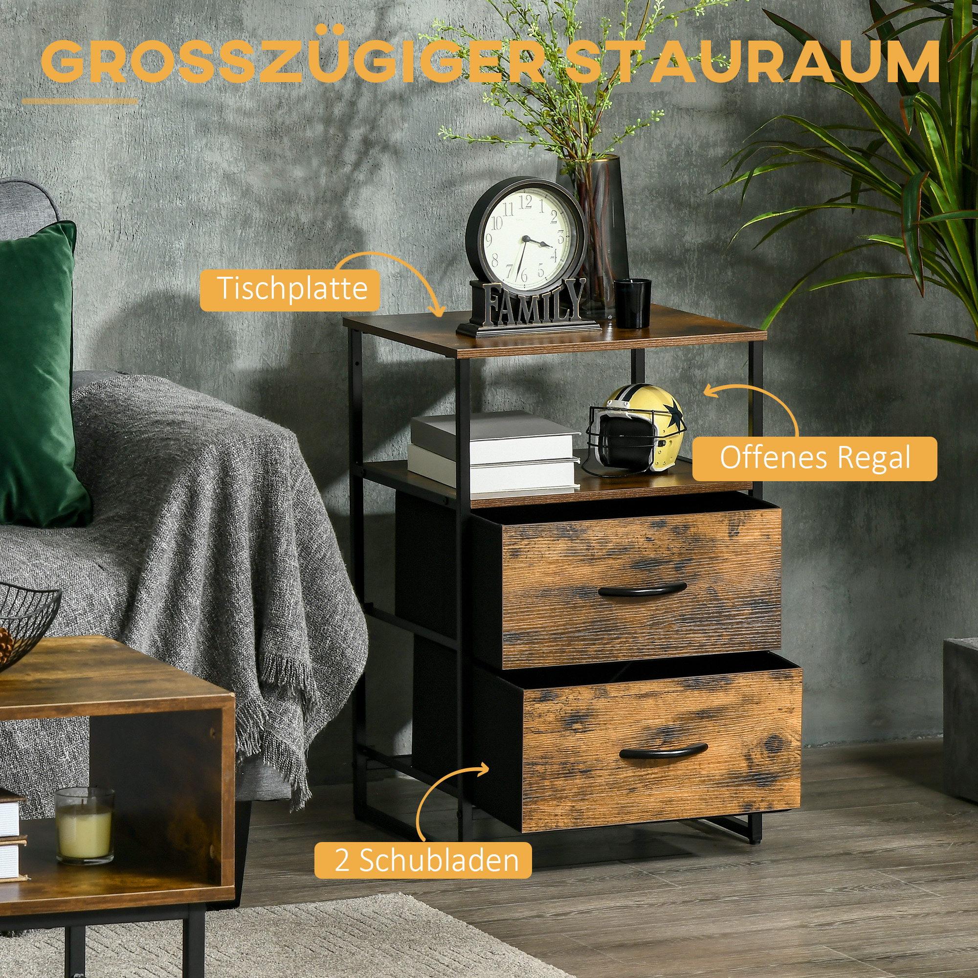 Wohnzimmerschrank, Beistellschrank, Stoffschubladen, MDF, Stahlrahmen, Braun