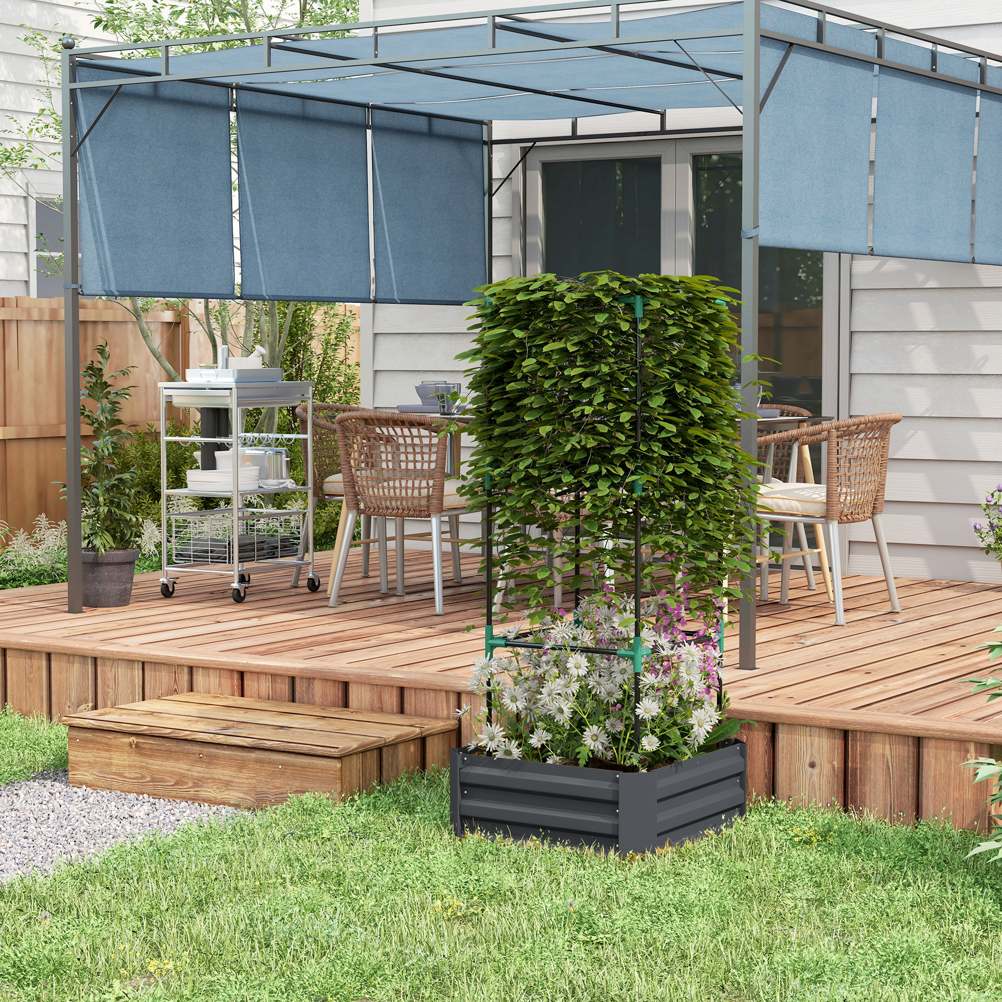 Hochbeet mit Rankgitter Pflankasten mit Rankhilfe, offener Boden, wetterbeständig, 61 cm x 61 cm x 140 cm, Dunkelgrau