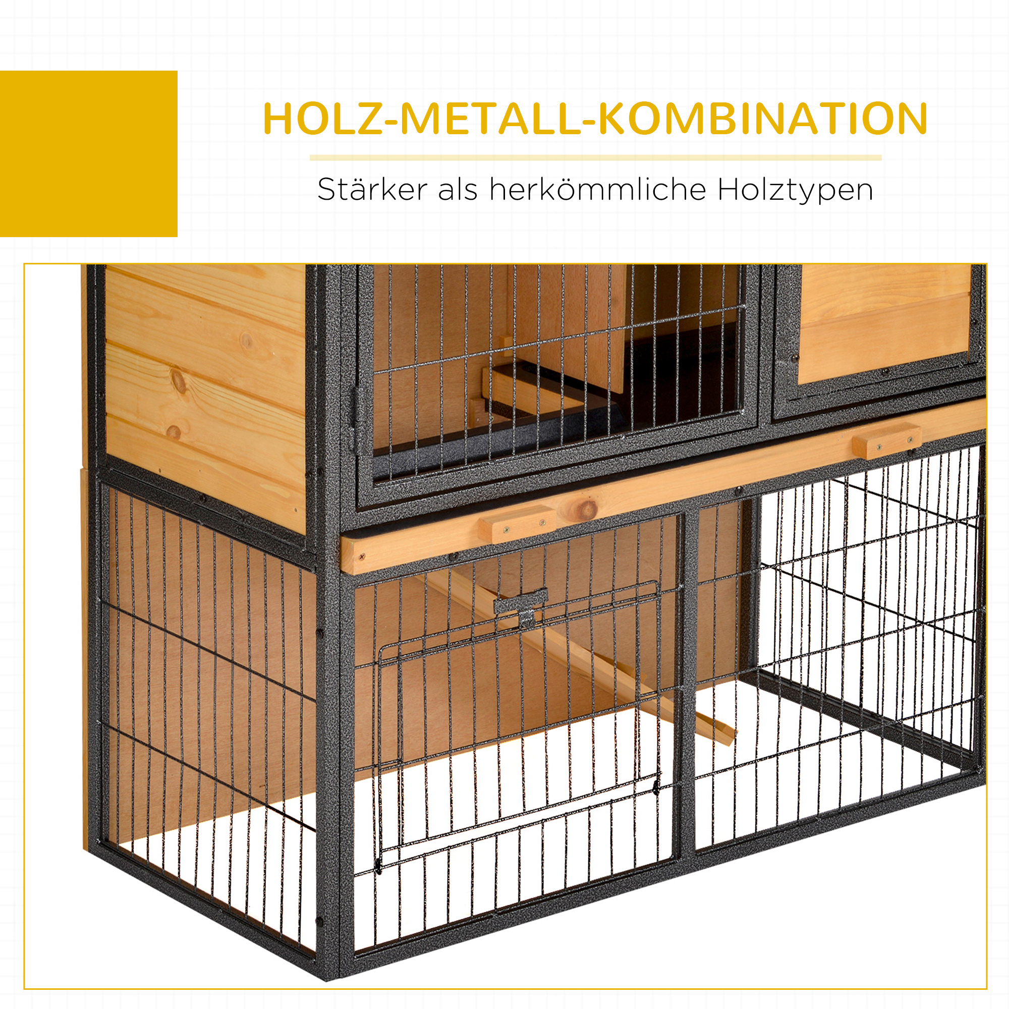 Kleintierstall erhöhtes Haustier Haus Käfig mit verschließbarer Tür Holz-Metall Hellgelb 89,5 x 45 x 81 cm