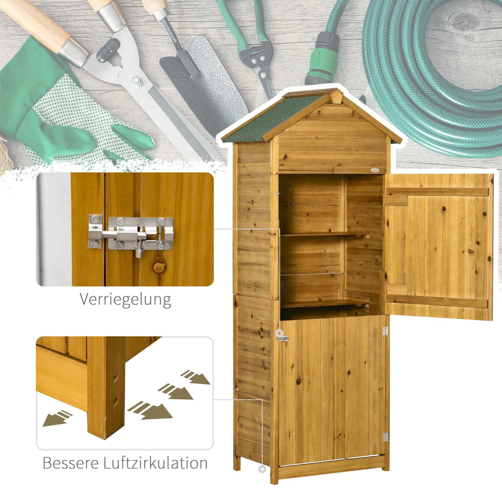 Geräteschrank, Gartenschuppen, 2 Regale, 2 Türen, wetterfest, Naturholz, 79 x 49 x 190cm