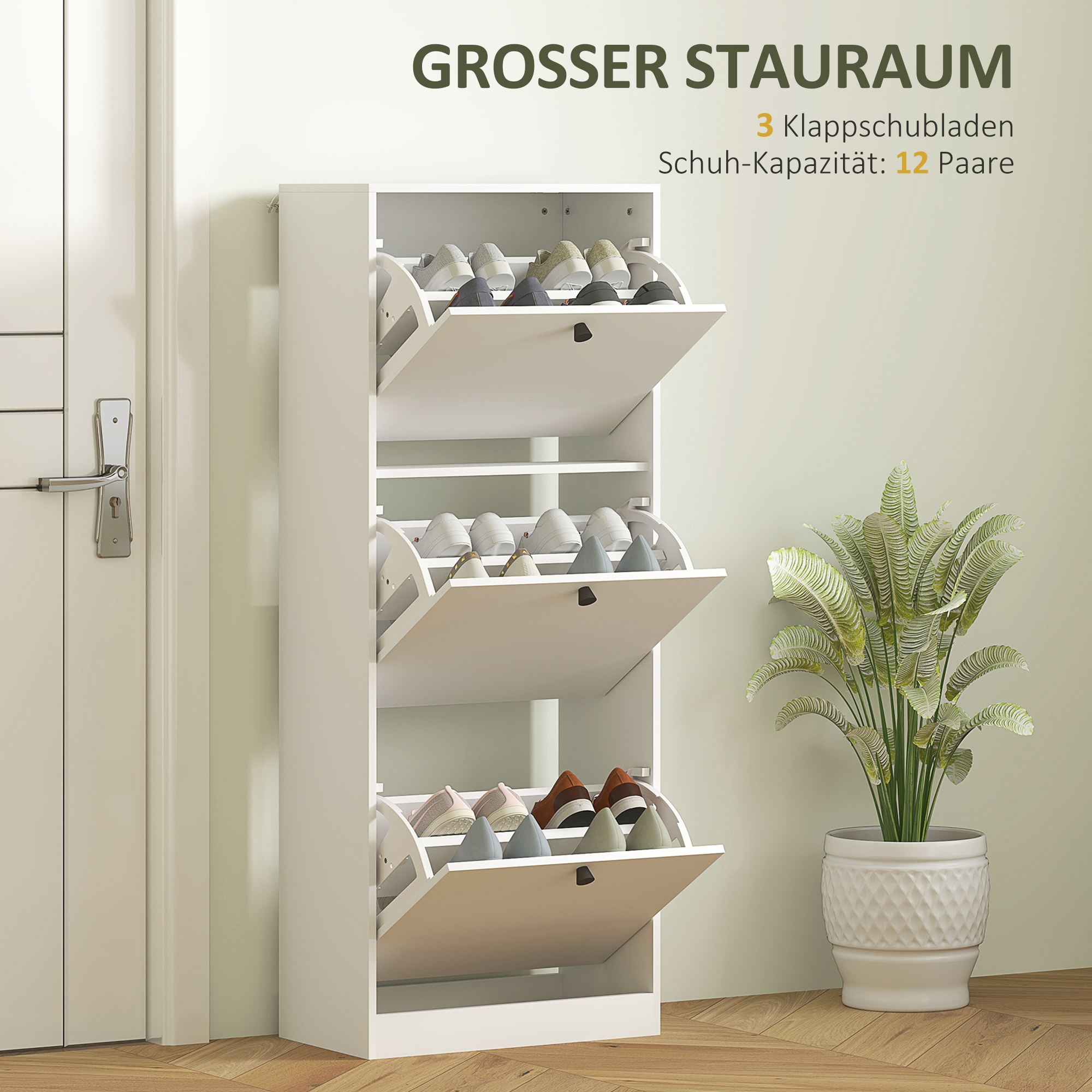 Schuhschrank, 3 Schubladen, für bis zu 12 Paar Schuhe, Spanplatte, Weiß