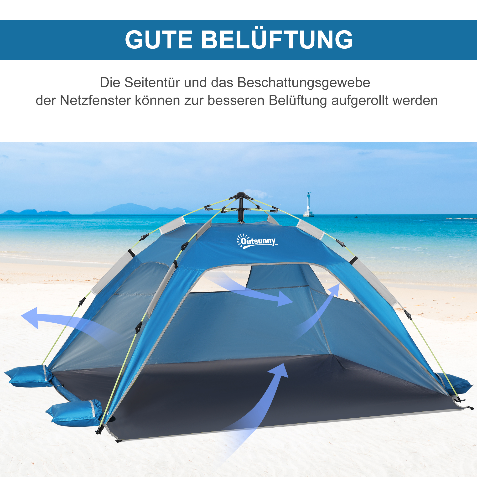 Pop-up-Strandzelt, Fiberglasrahmen, 4 Taschen, Netzfenster, flexibel, Blau