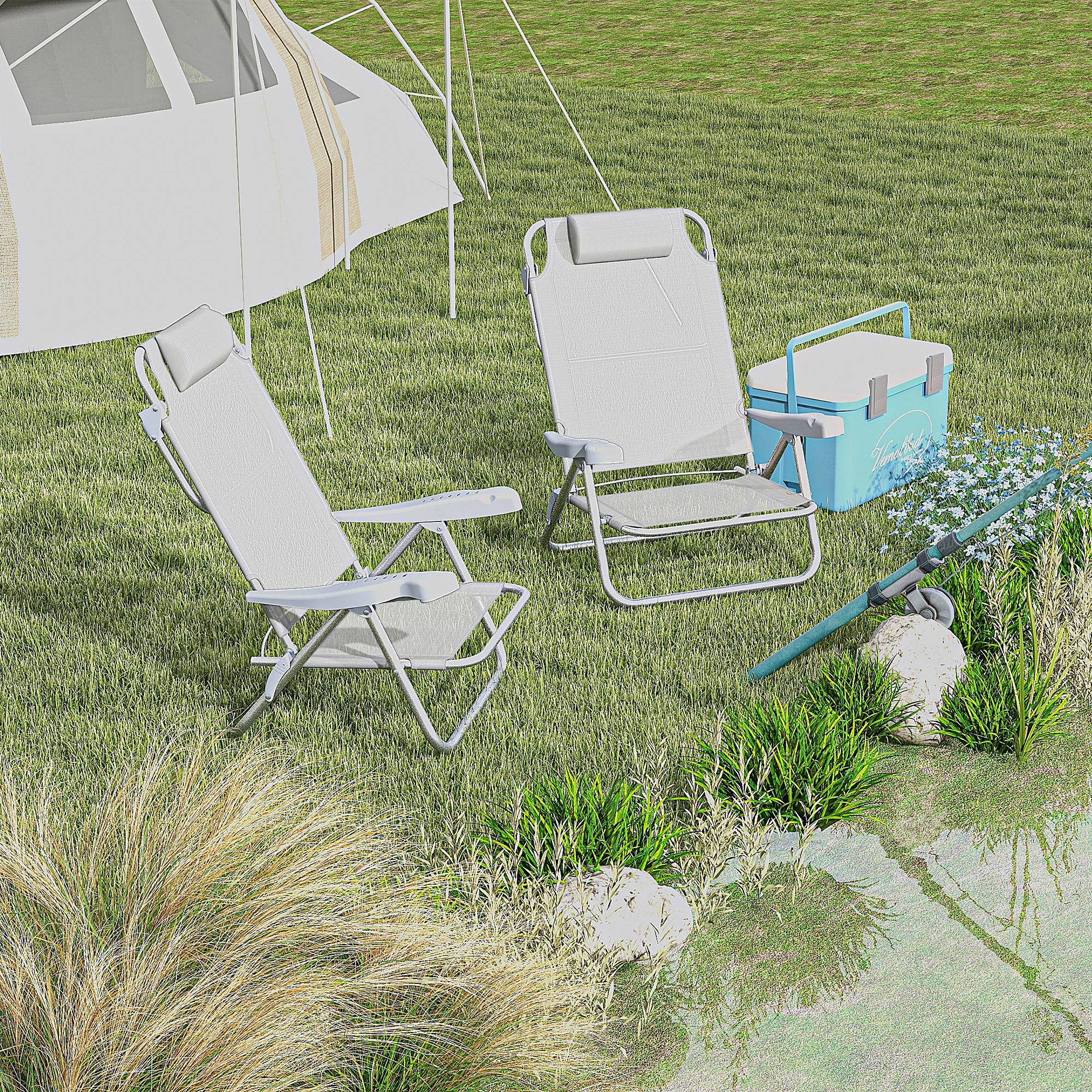 2er Set Campingstühle klappbar Campingstuhl mit 6-fach verstellbarer Netzrückenlehne Kopfstütze 62 x 65 x 80 cm Hellgrau
