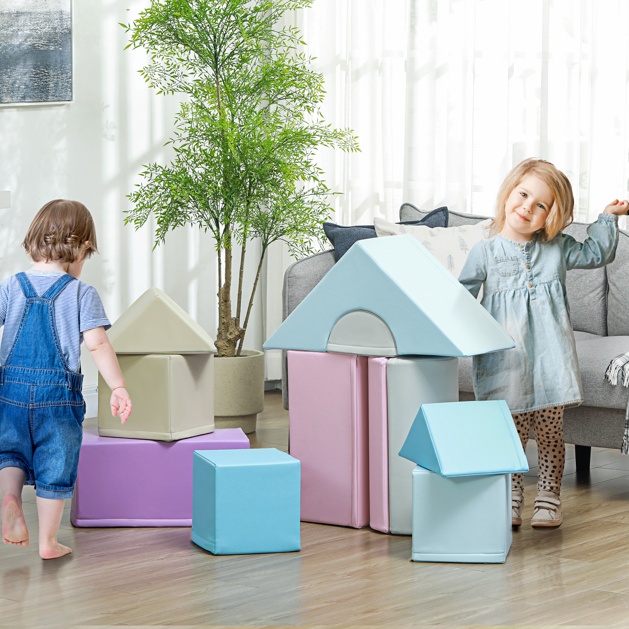 11-tlg. Softbausteinset, Schaumstoffbausteine zum Toben und Klettern, für Kinder, 1-3 Jahre, Kunstlederbezug, Bunt