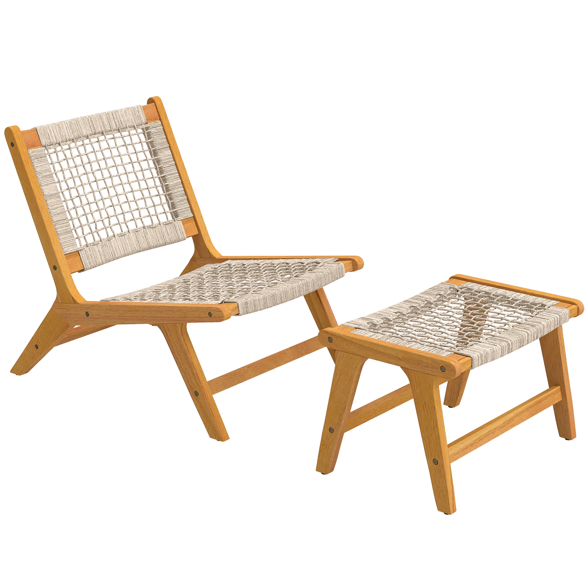Gartensessel mit Hocker 2-teilig Akazienholz Outdoor Loungesessel mit Rattan-Sitz Boho-Stil verstellbare Füße