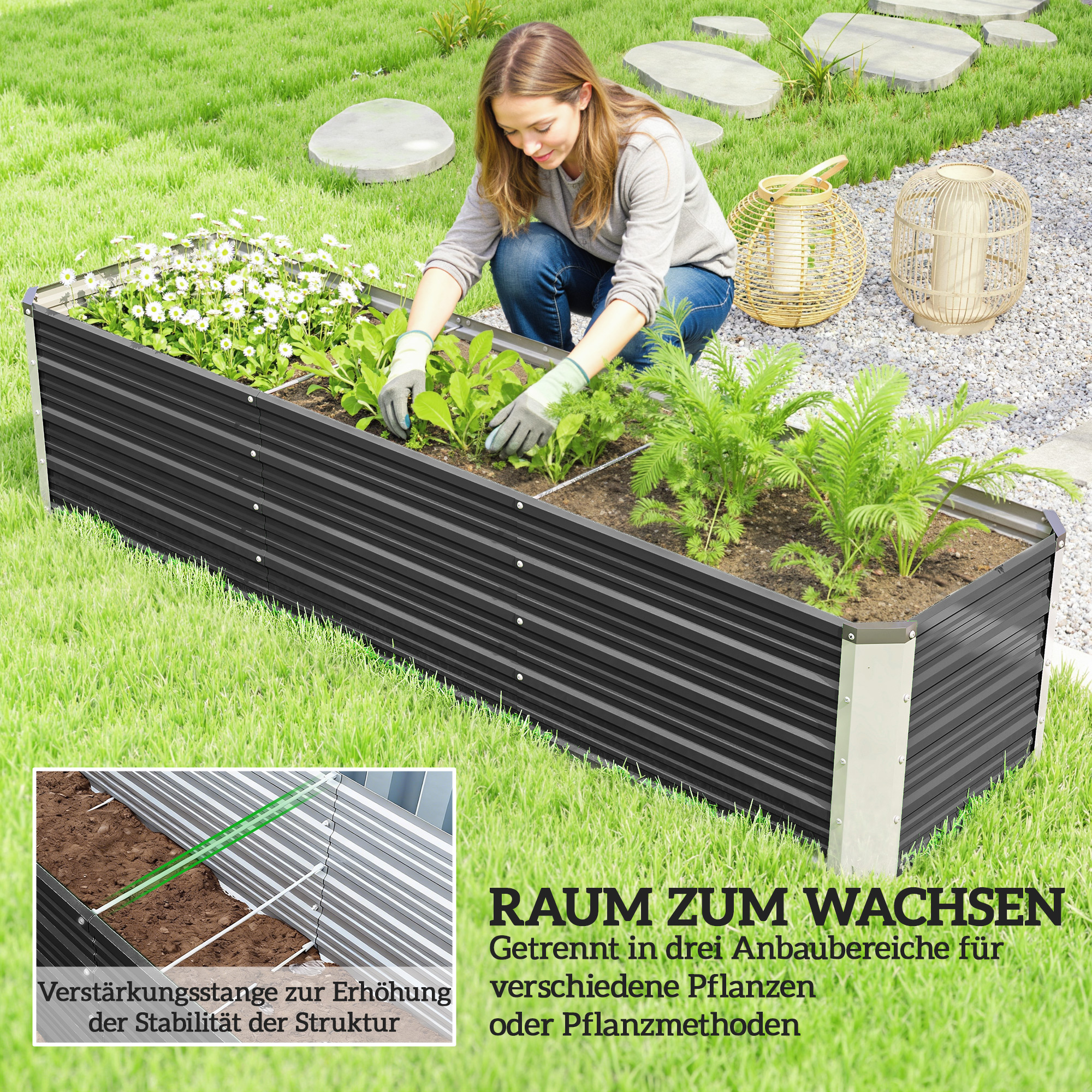 Hochbeet aus Stahl Gartenbeet Pflanzkasten Blumenkasten Blumenkübel mit Handschuhe Grau 183 x 47 x 40 cm