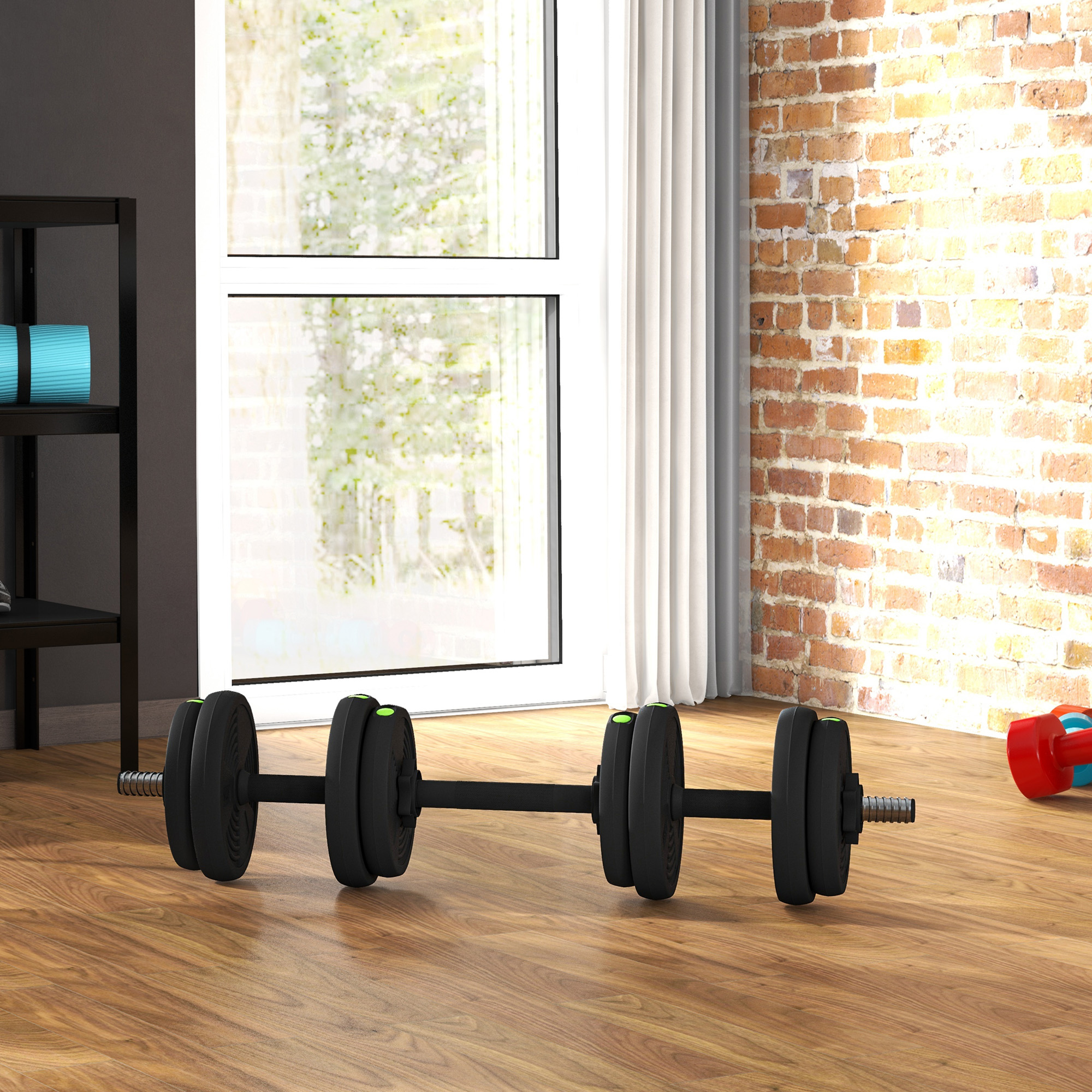 2-in-1 Hantel-Set, Lang- & Kurzhantel, 15 kg, rutschfest, bodenschonend, Schwarz/Grün