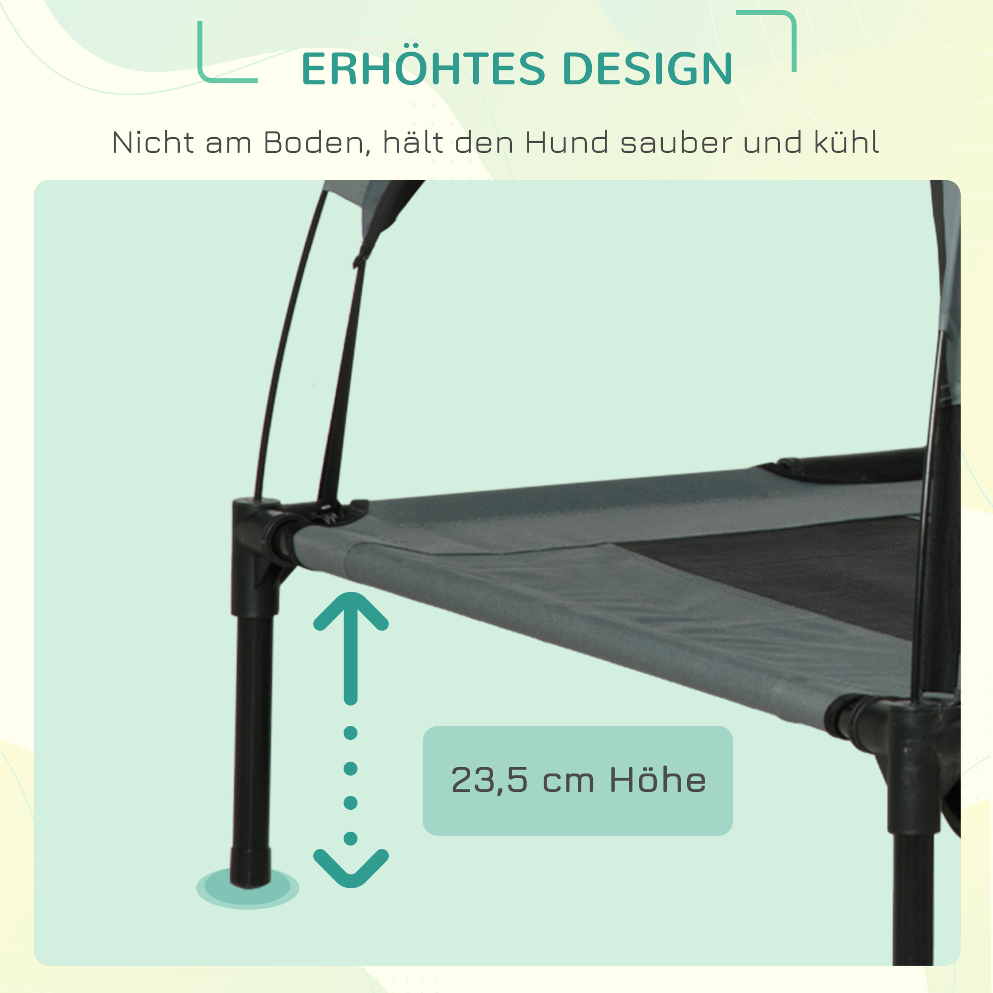 erhöhtes Hundebett mit Baldachin, Haustierbett, Hundeliege outdoor mit Dach, Atmungsaktiv, Taftstoff für Camping Grau 122 x 92 x 108 cm