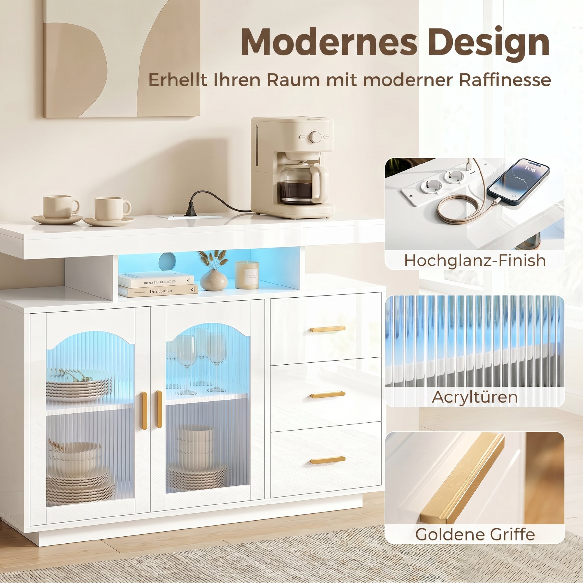 Sideboard mit LED-Beleuchtung, eingebauten Steckdosen, 3 Schubladen, Regalen und 2 Acryl-Türen, Hochglanz Weiß