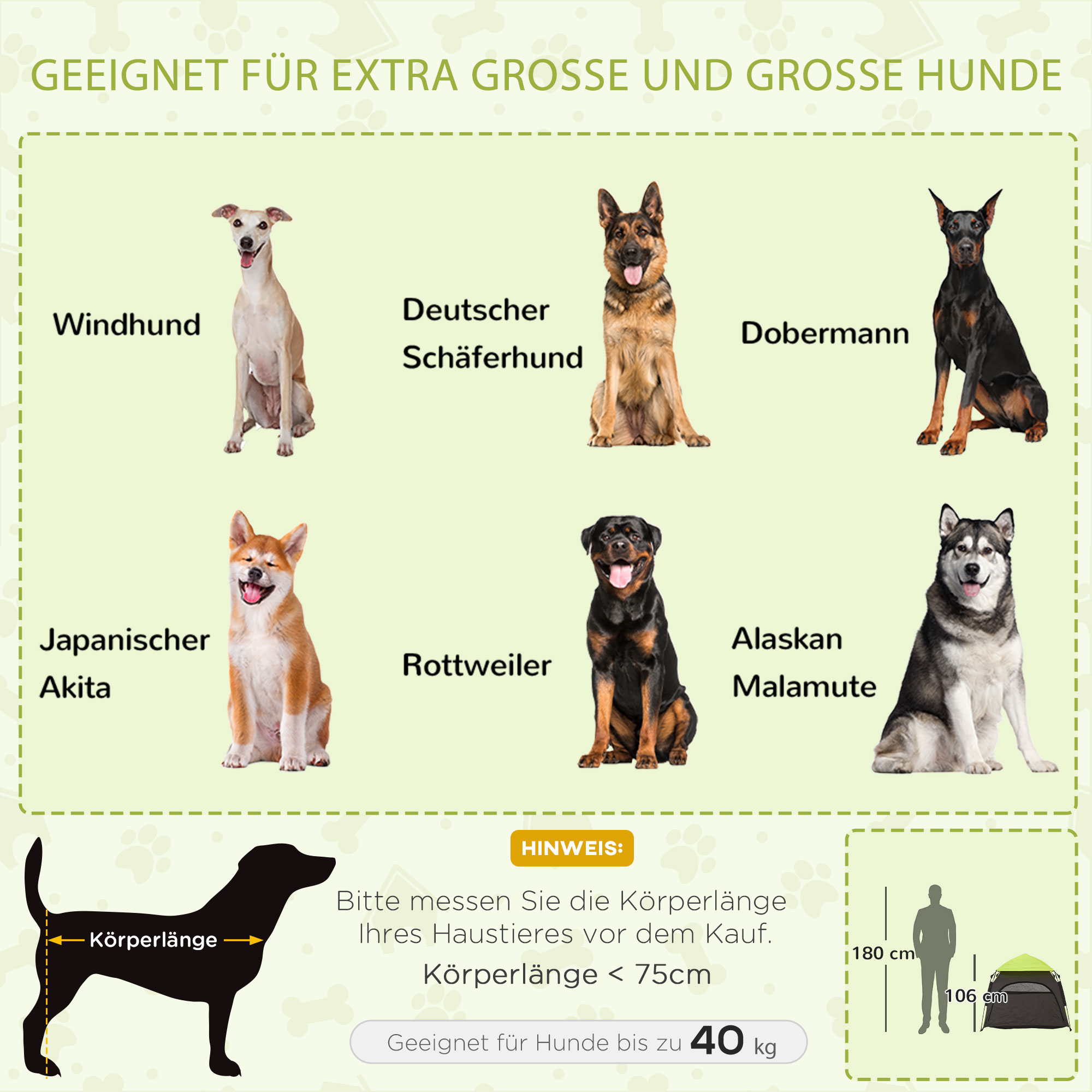 Haustierzelt Hundezelt Outdoor Tierzelt, 110 cm x 110 cm x 85 cm, Bodenspieße +  Transporttasche, Grün + Schwarz