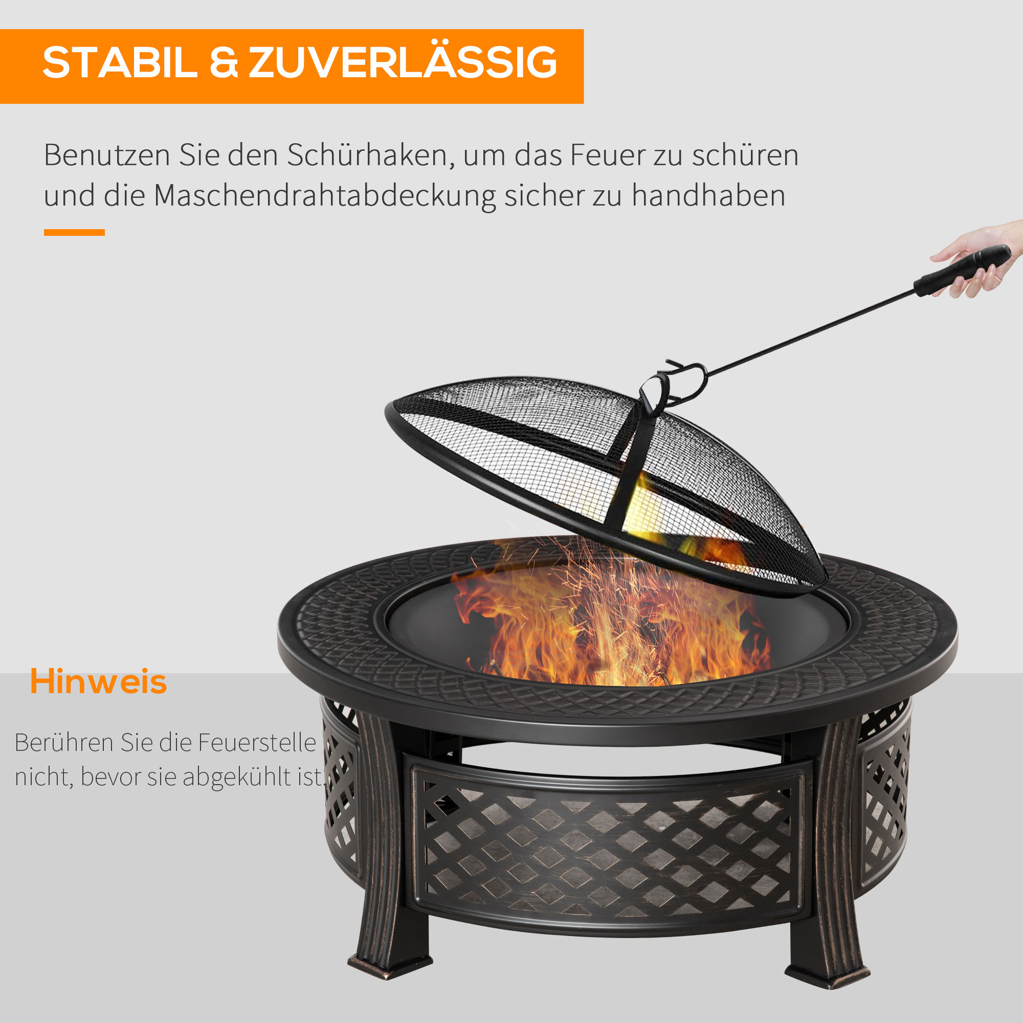 Feuerschale mit Schürhaken Funkenschutz Feuerkorb Feuertisch rund Feuerstelle für Garten Camping BBQ Stahl Schwarz 81 x 81 x 50 cm