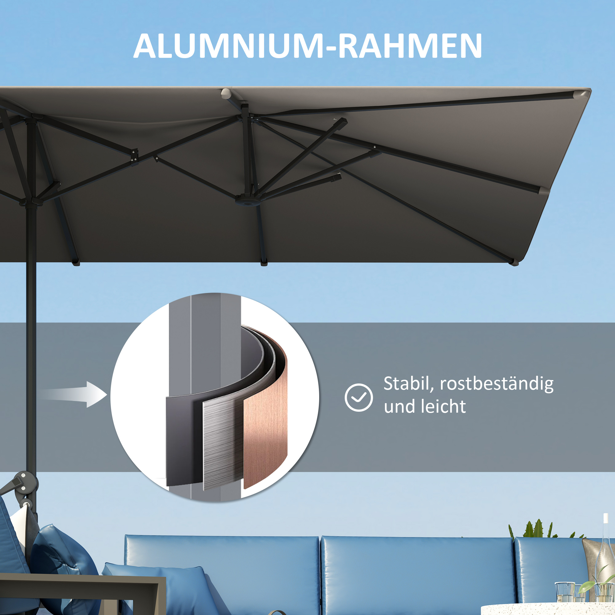 Doppelseitiger Schirm, 451 x 264 cm Sonnenschirm mit Kurbelsystem, 12 Metallstreben, Aluminiummast, Dunkelgrau
