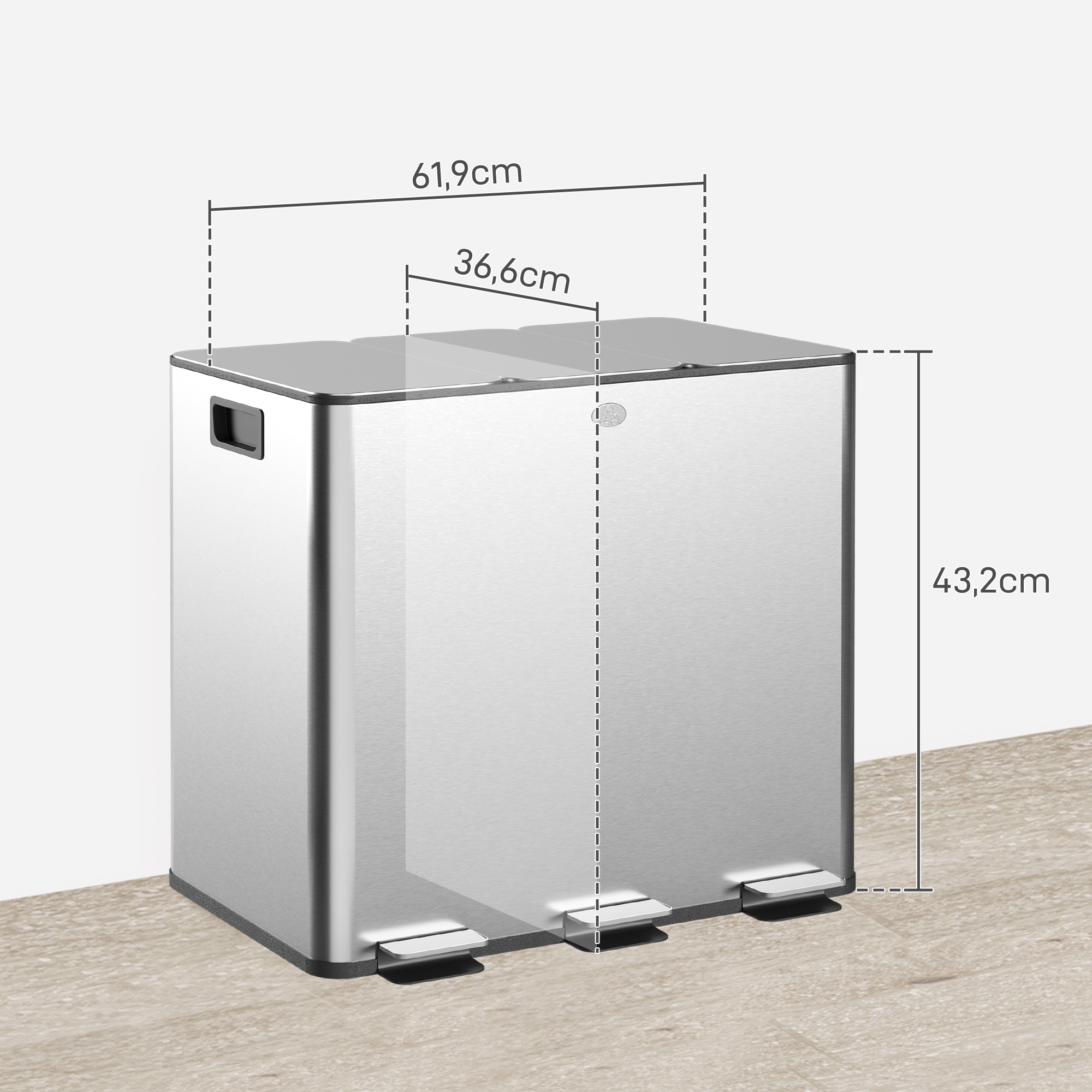 Mülleimer mit 3 x 20 L Fächern, Deodorant-Deckel, fingerabdrucksicher, Soft-Close, herausnehmbar, Silber