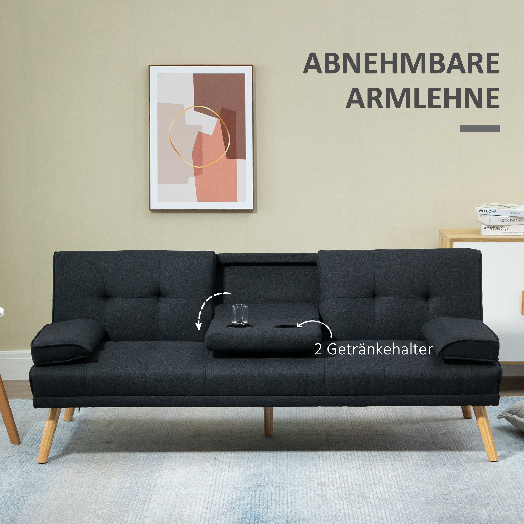Schlafsofa, Gästebett, verstellbare Rückenlehne, klappbarer Tisch, 181x77x78 cm, Schwarz