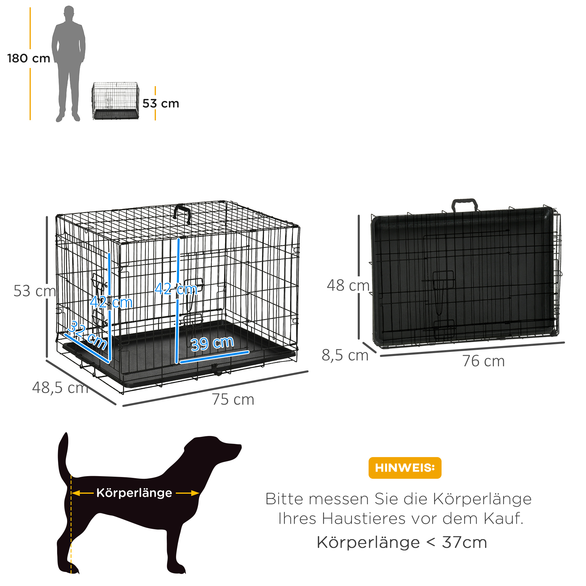 Hundekäfig, Transportkäfig, Drahtkäfig, herausnehmbare Bodenwanne, Schwarz