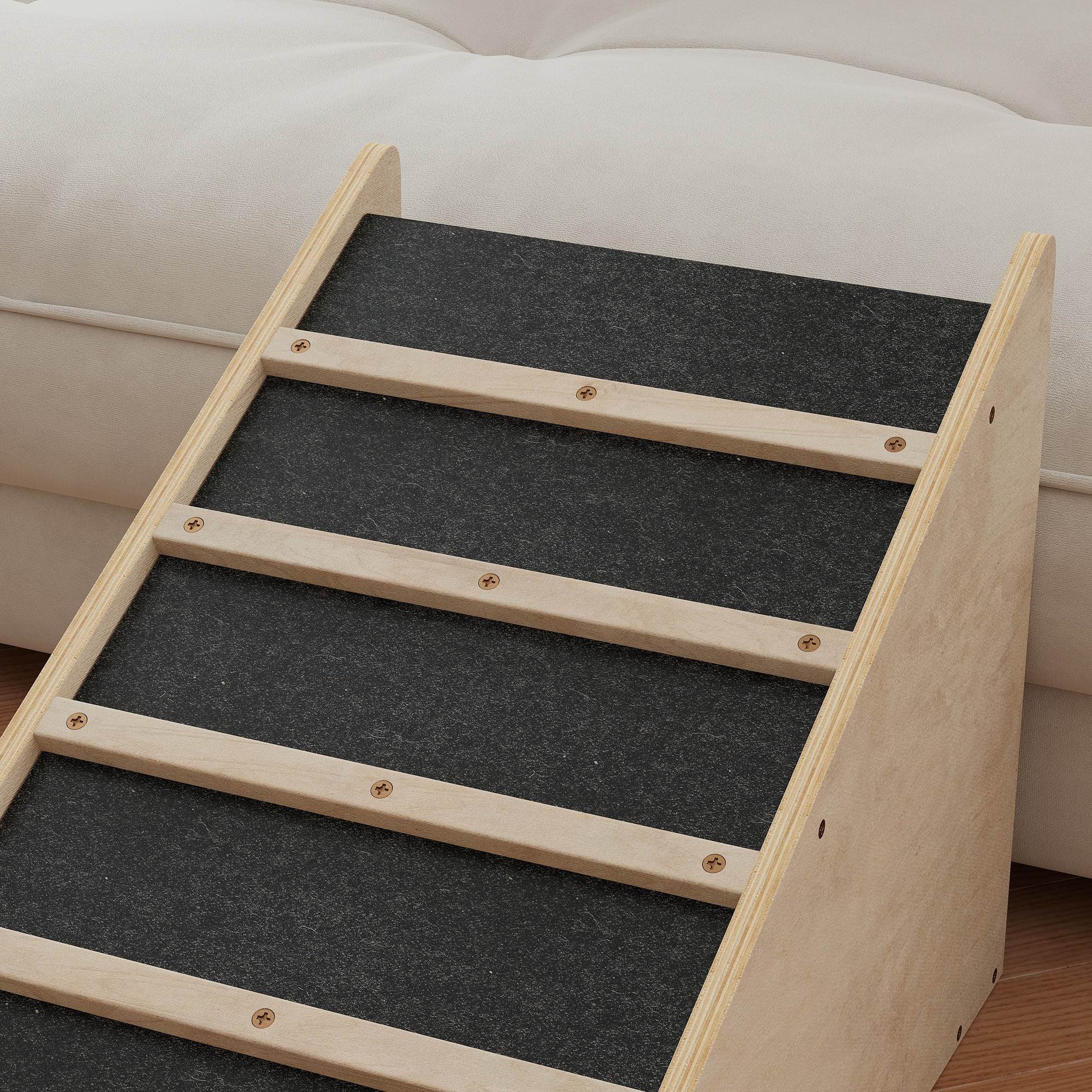 Haustiertreppe, Hundetreppe, Kiefernholz, Anti-Rutsch-Beschichtung, 90 cm x 40 cm x 45 cm, Natur + Grau