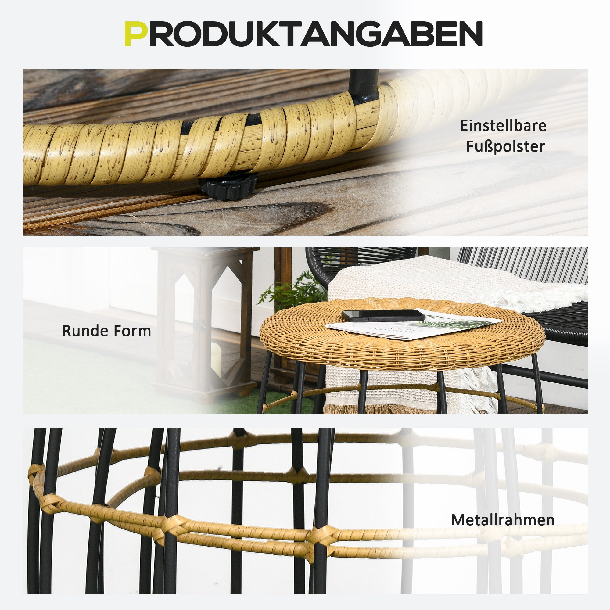 2er-Set Gartentische Balkontische, Boho-Stil, wetterbeständig, Schwarz + Khaki