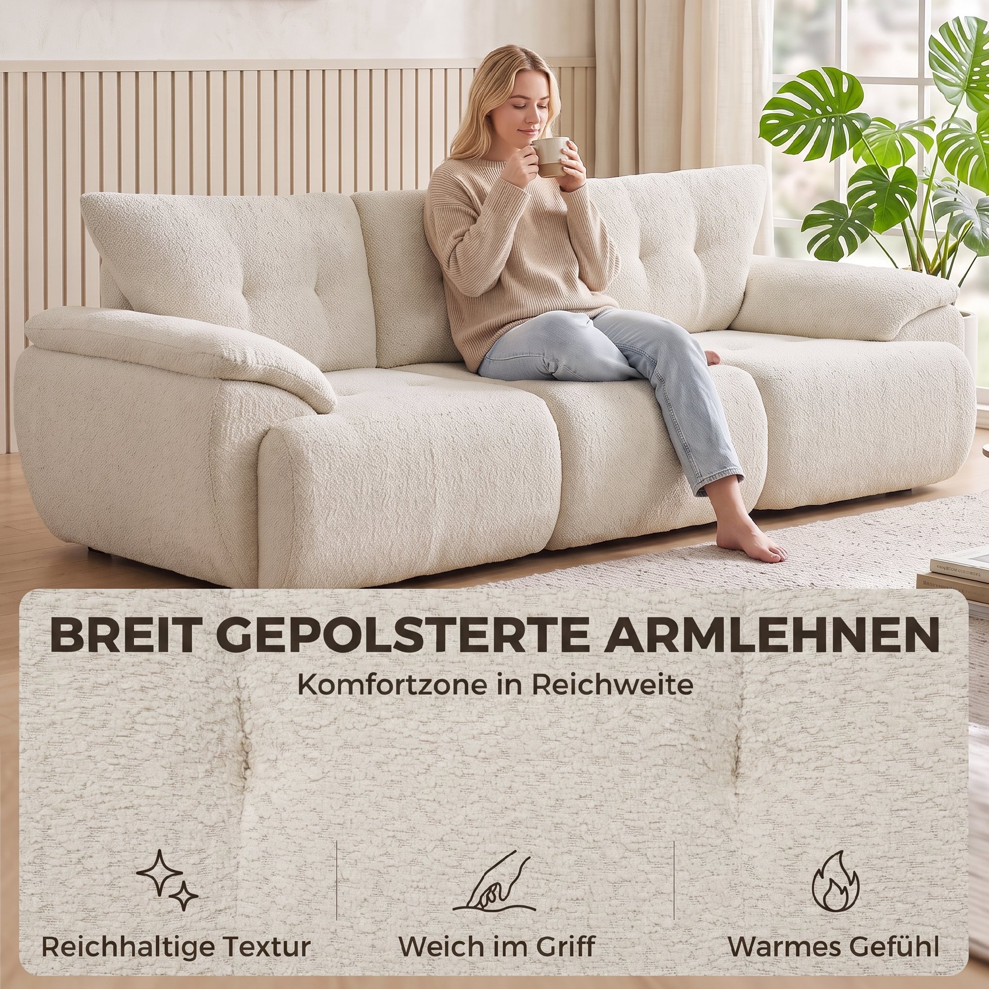 3-Sitzer-Sofa, 260 cm, Chenille, rahmenloses Modulsofa mit extra breiter, tiefer Sitzfläche, breiten Armlehnen