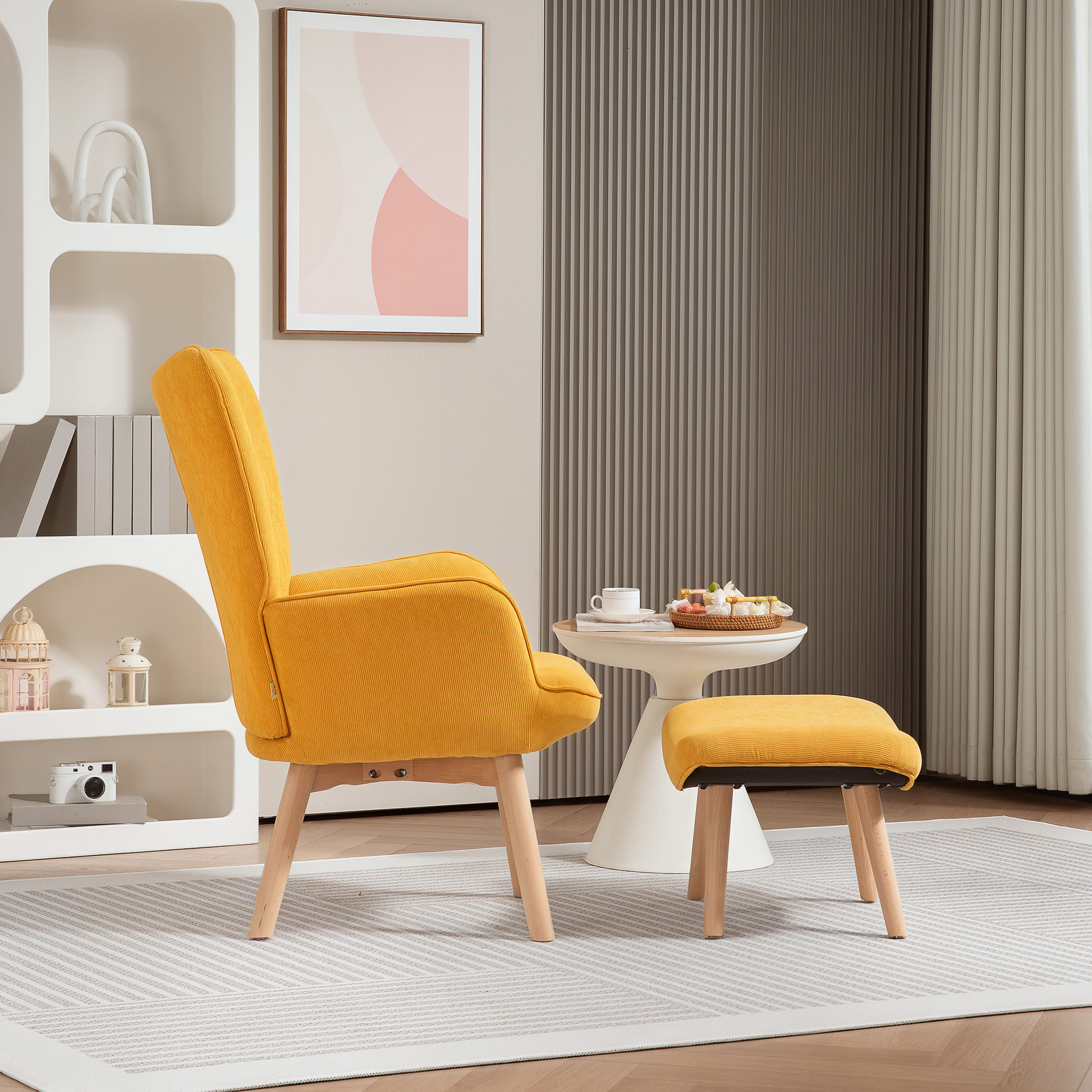Akzentsessel mit Hocker, Relaxsessel in Cord-Optik, Armlehnstuhl mit Holzbeinen, für Wohnzimmer, Orange