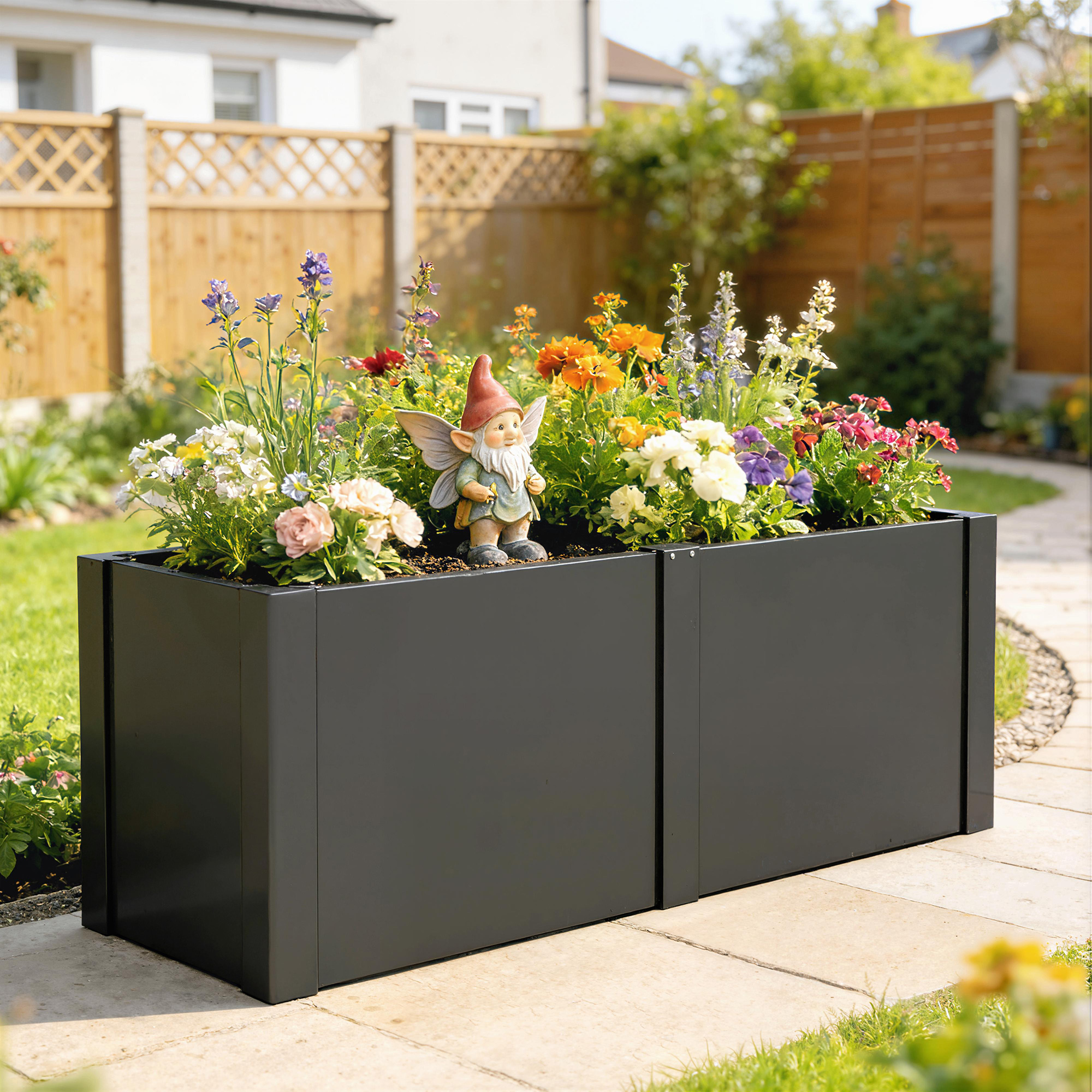 Hochbeet aus galvanisiertem Stahl, 150 x 53 x 55 cm, Outdoor-Pflanzkasten mit Trennwand, Schwarz