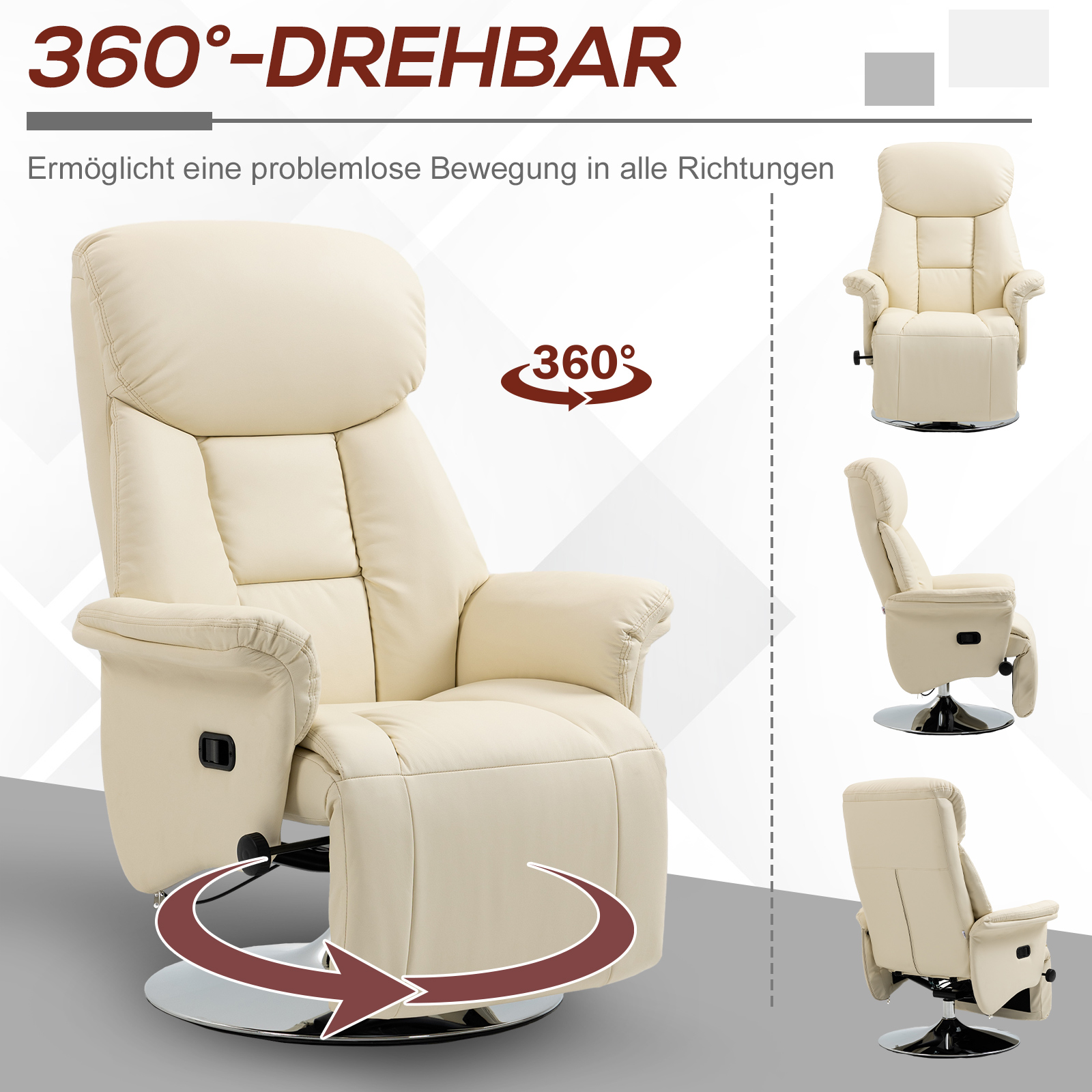 Relaxsessel, Liegefunktion, Lederoptik, Fußstütze, bis 150 kg, 78 x 80 x 109 cm, Creme