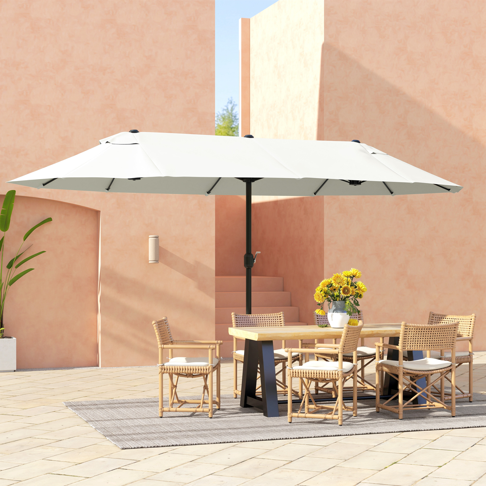 XXL Sonnenschirm mit Handkurbel wetterbeständig 455 cm x 270 cm x 240 cm Stahl Polyester Beige