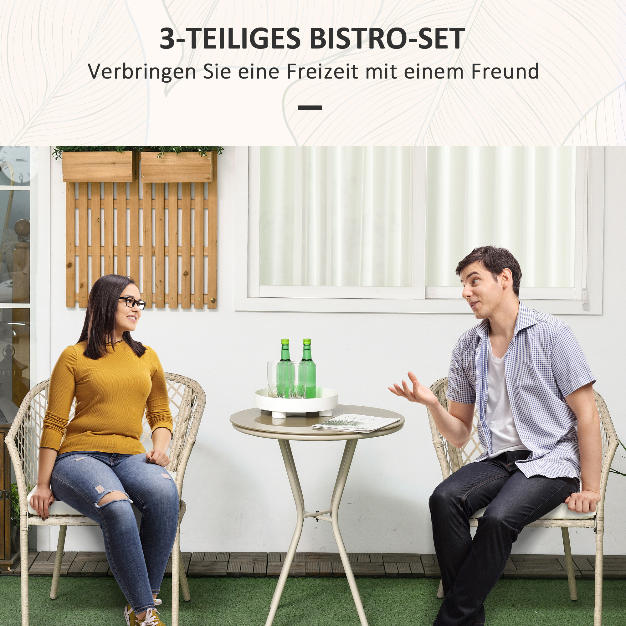Rattan Gartenmöbel-Set, 2 Stühle und Tisch, Hartglas-Tischplatte, PE-Rattan, Sitzauflagen, Metallrahmen, Khaki