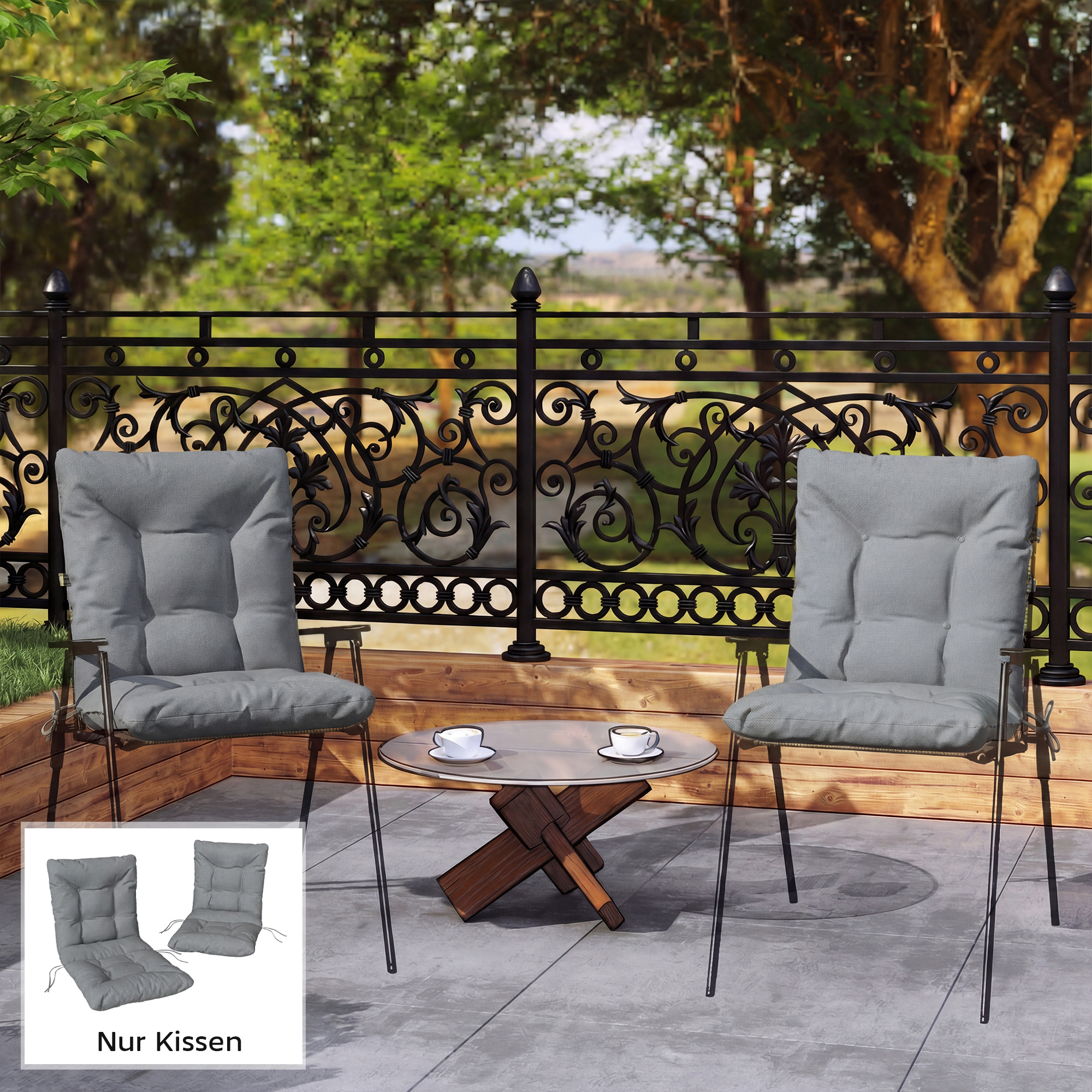 Outdoor-Sitzkissen mit Rückenlehne und Bändern, wasserabweisende Polster für drinnen und draußen, Hellgrau