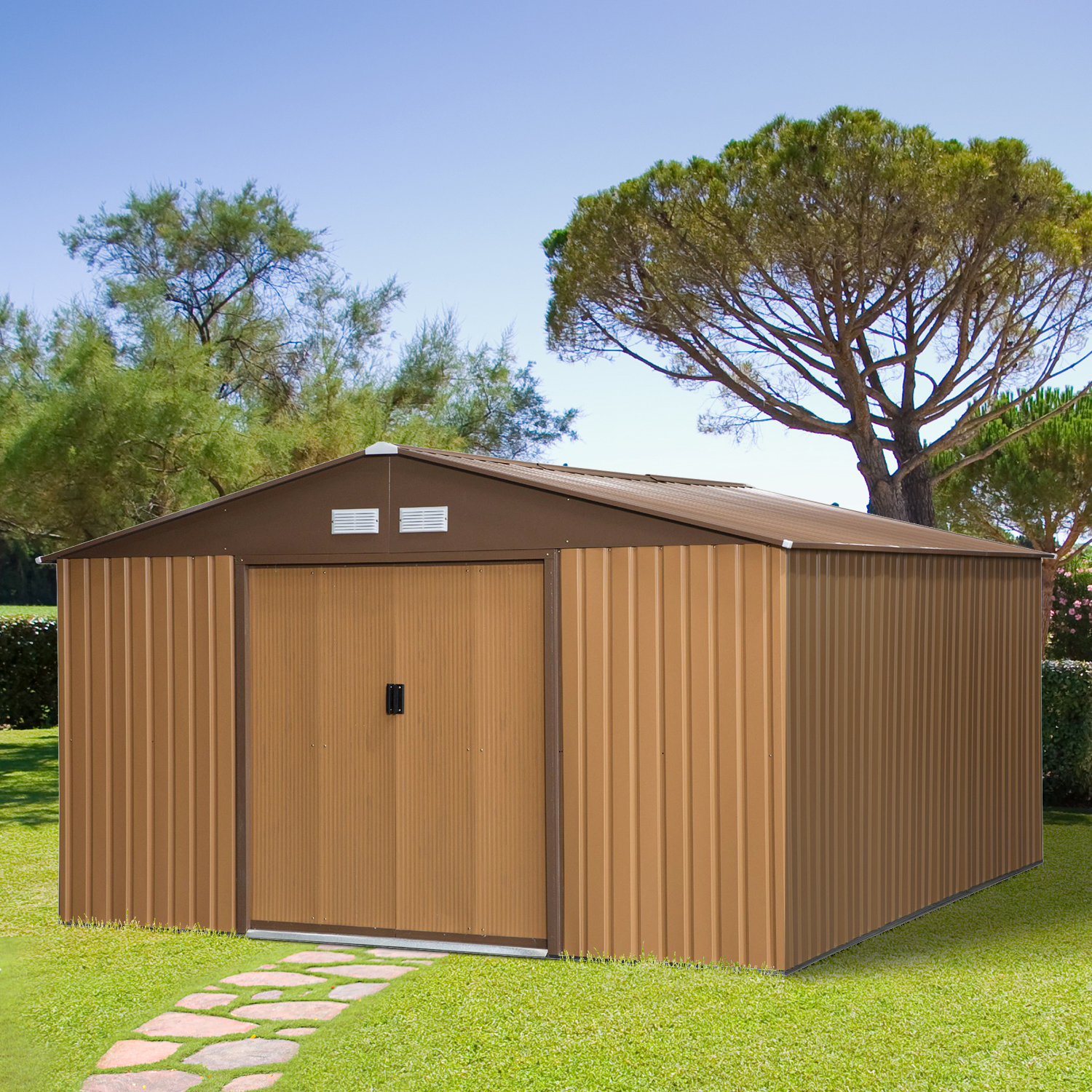 Stahl Gerätehaus 20m³ Geräteschuppen Gartenhaus Fahrradschuppen Garten Schuppen Braun 340 x 386 x 200 cm